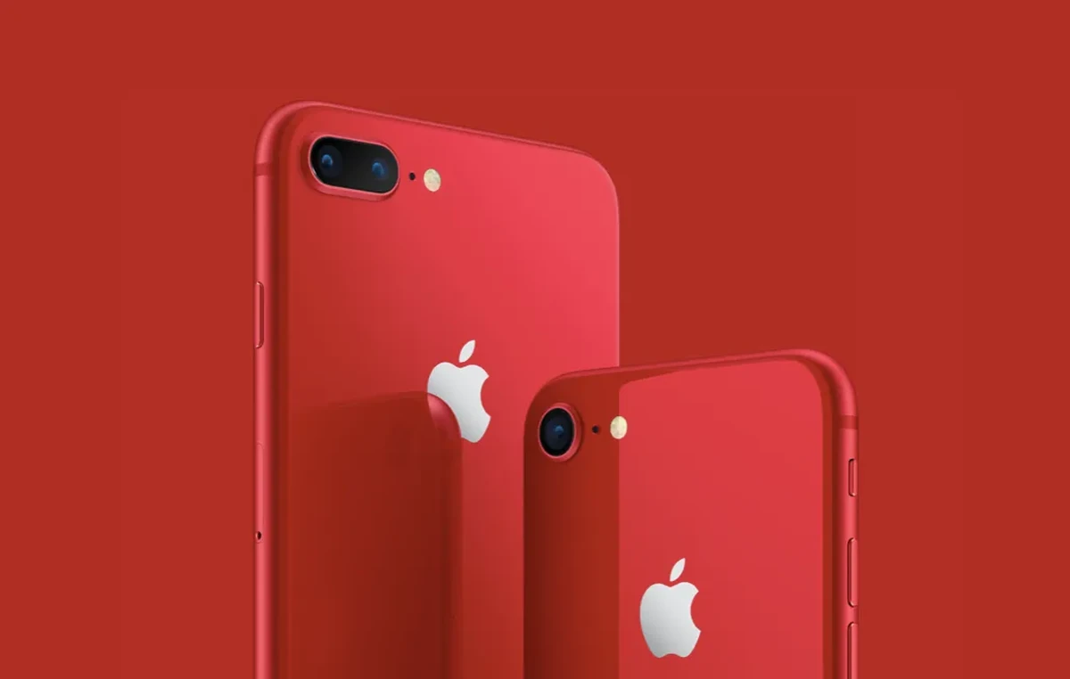 Red iPhone 8 and iPhone 8 Plus on a red background