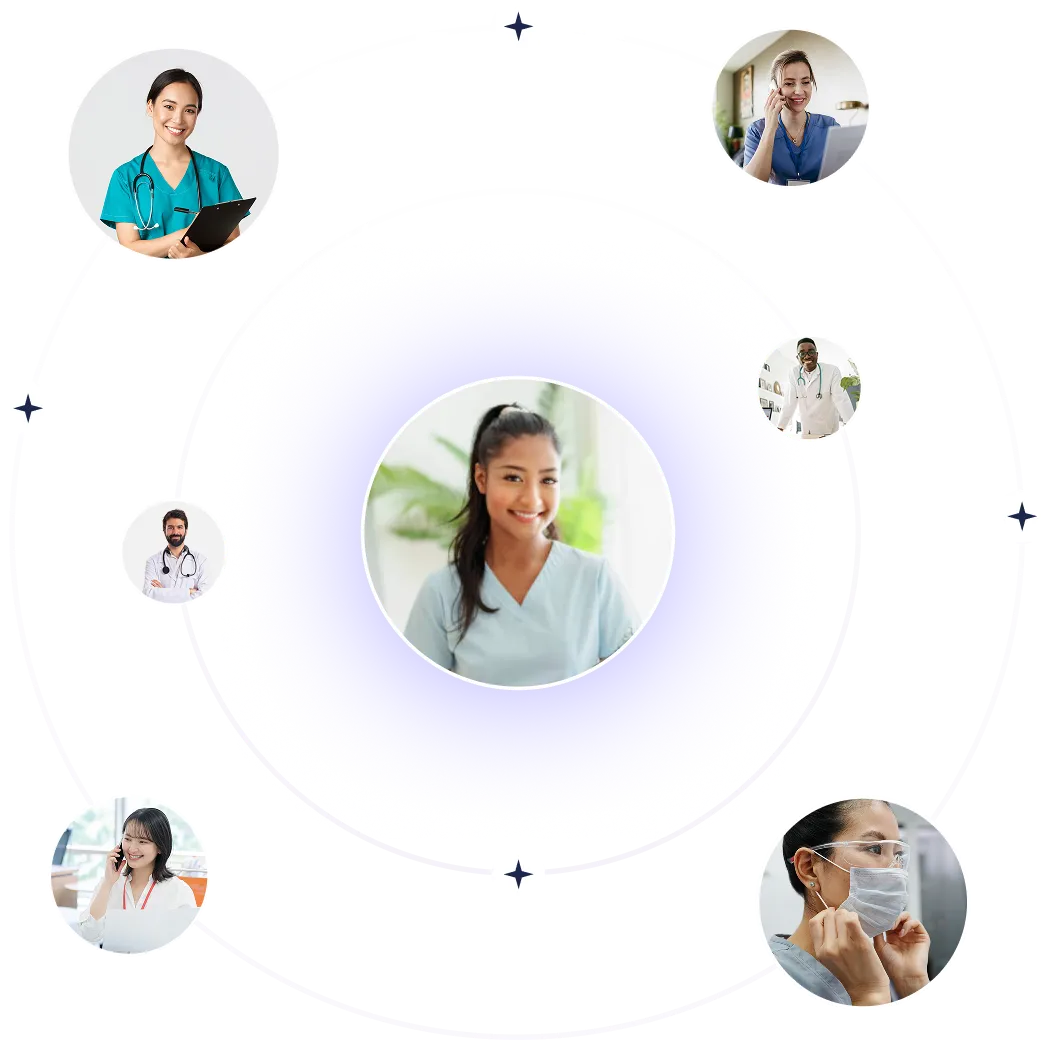 Collage of diverse healthcare professionals including nurses and doctors smiling or wearing a face mask, arranged in circular orbit around a central nurse in scrubs.
