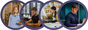 Four circular portraits showing people in different work or study environments using laptops, tablets, or writing tools.