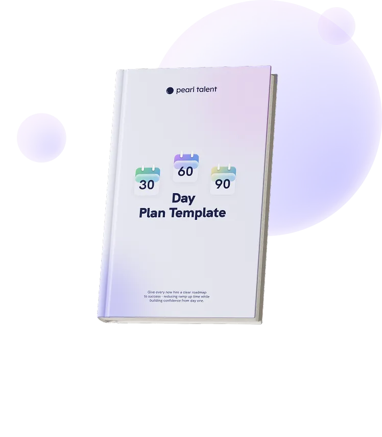 Cover of a booklet titled '30 60 90 Day Plan Template' by Pearl Talent with colorful calendar icons and a purple gradient background circle.