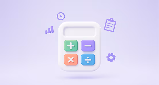 3D illustration of a white calculator with colorful plus, minus, multiply, and divide buttons surrounded by icons for clock, signal, checklist, and settings on a light purple background.