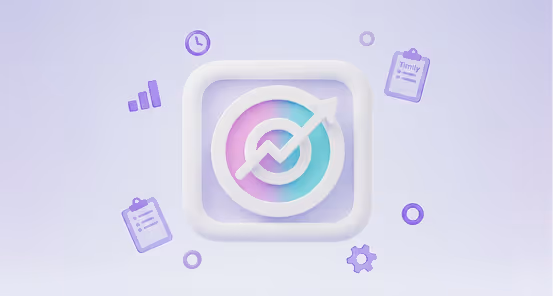 3D illustration of a target with an upward trending arrow in the center, surrounded by icons of a clock, clipboard, bar chart, and gear.