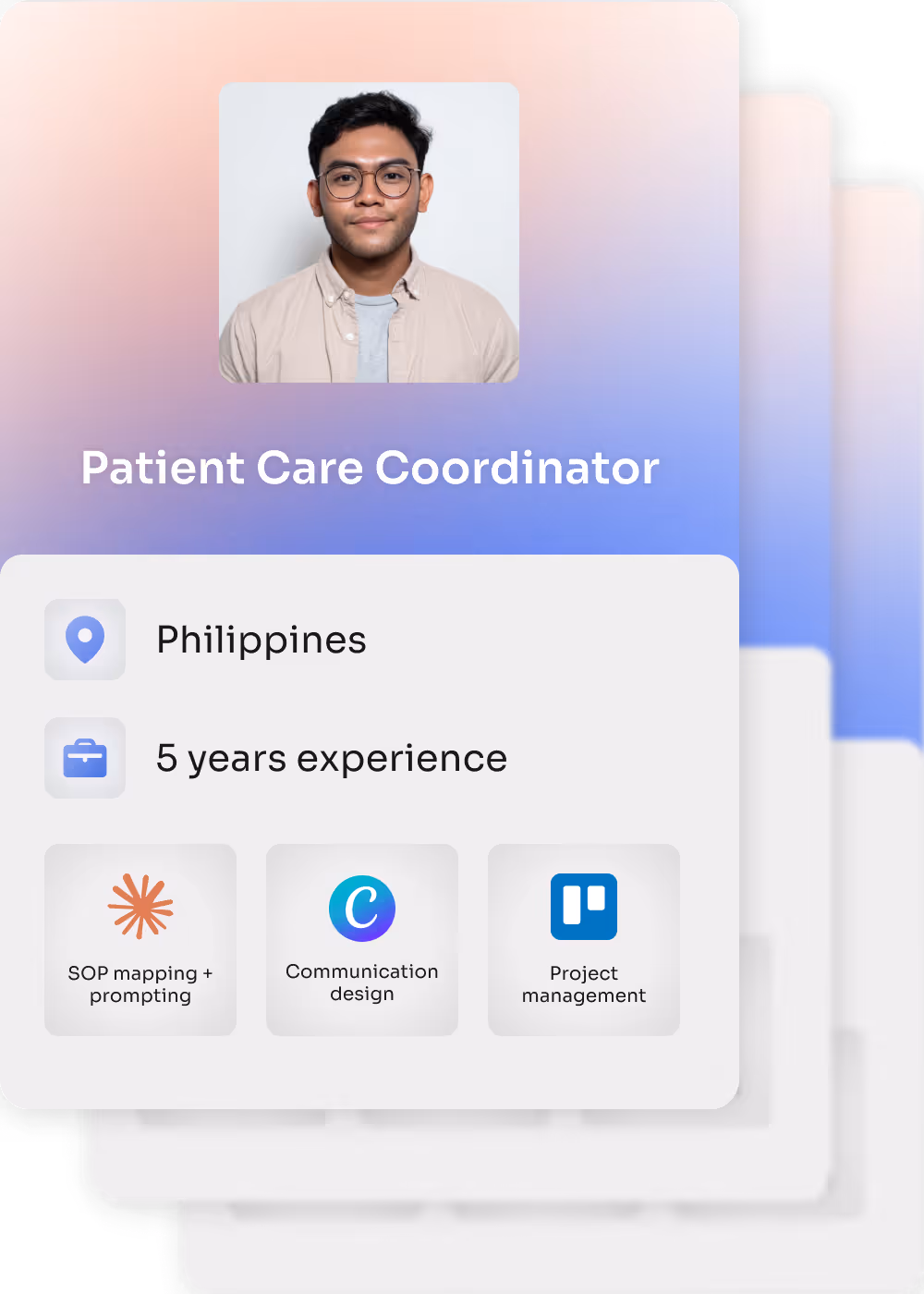Profile card of a Patient Care Coordinator from the Philippines with 5 years experience and skills in SOP mapping, communication design, and project management.