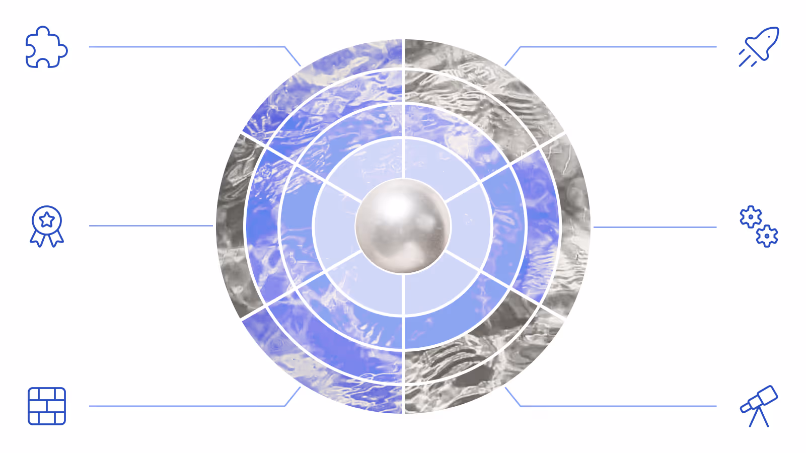 Circular diagram with a central silver sphere, divided into six segments each connected to an icon: puzzle piece, rocket, gears, telescope, brick wall, and award ribbon.