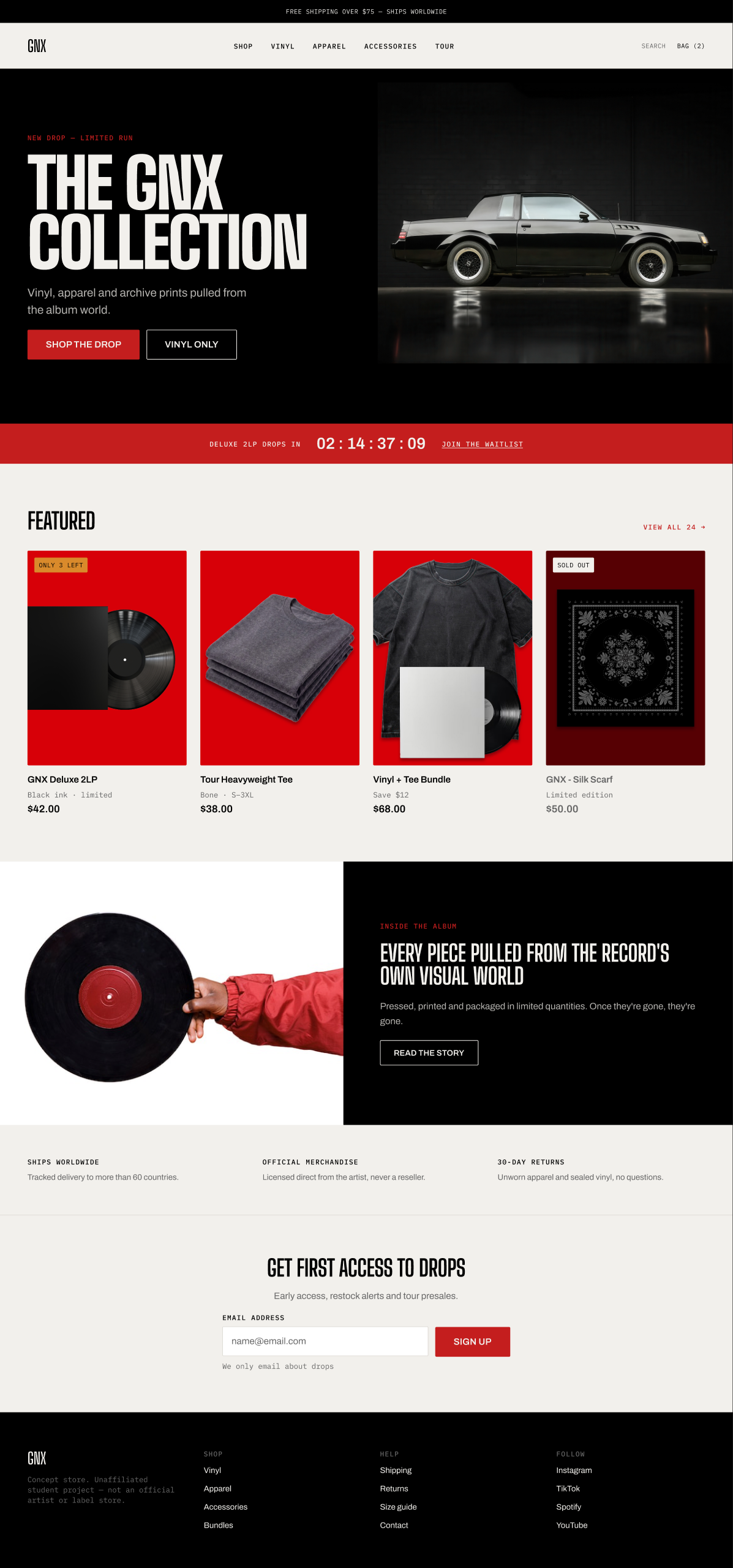 Full GNX homepage on desktop, from hero and countdown band through the featured grid, editorial band, trust row and footer