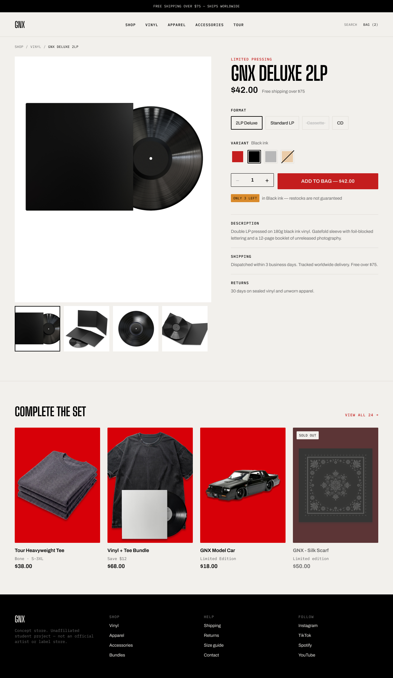 GNX product detail page on desktop showing the gallery, buy box, format chips, variant swatches, quantity stepper and related products