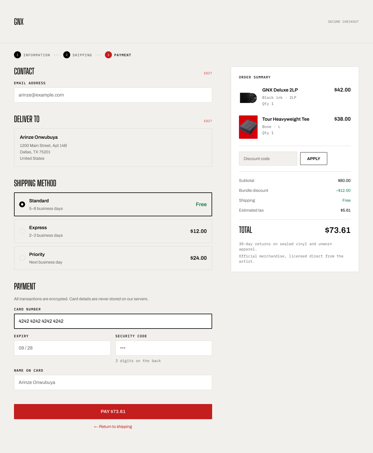 GNX checkout on desktop showing the step indicator, collapsed contact and delivery summaries, shipping options, payment fields and order summary