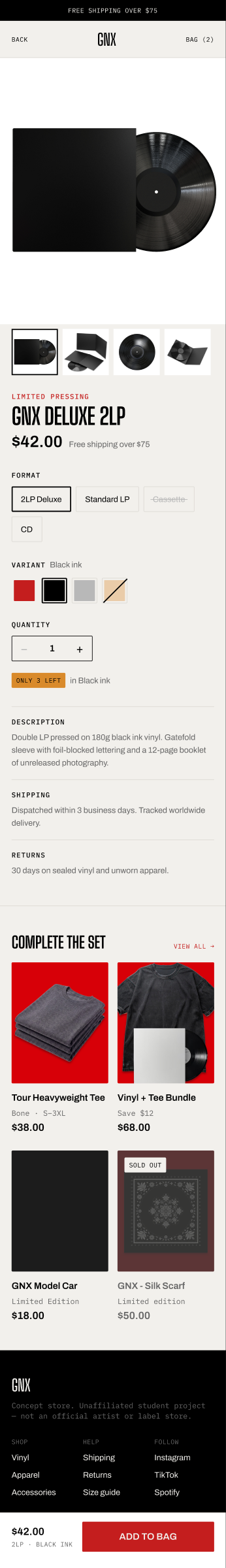 GNX product page on mobile with the sticky add to bag bar pinned to the bottom of the screen