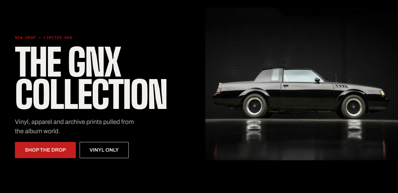GNX store hero: the title headline set on black beside a Buick Grand National under studio light