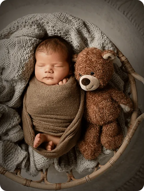 Picture of child in a basket with a teddy bear