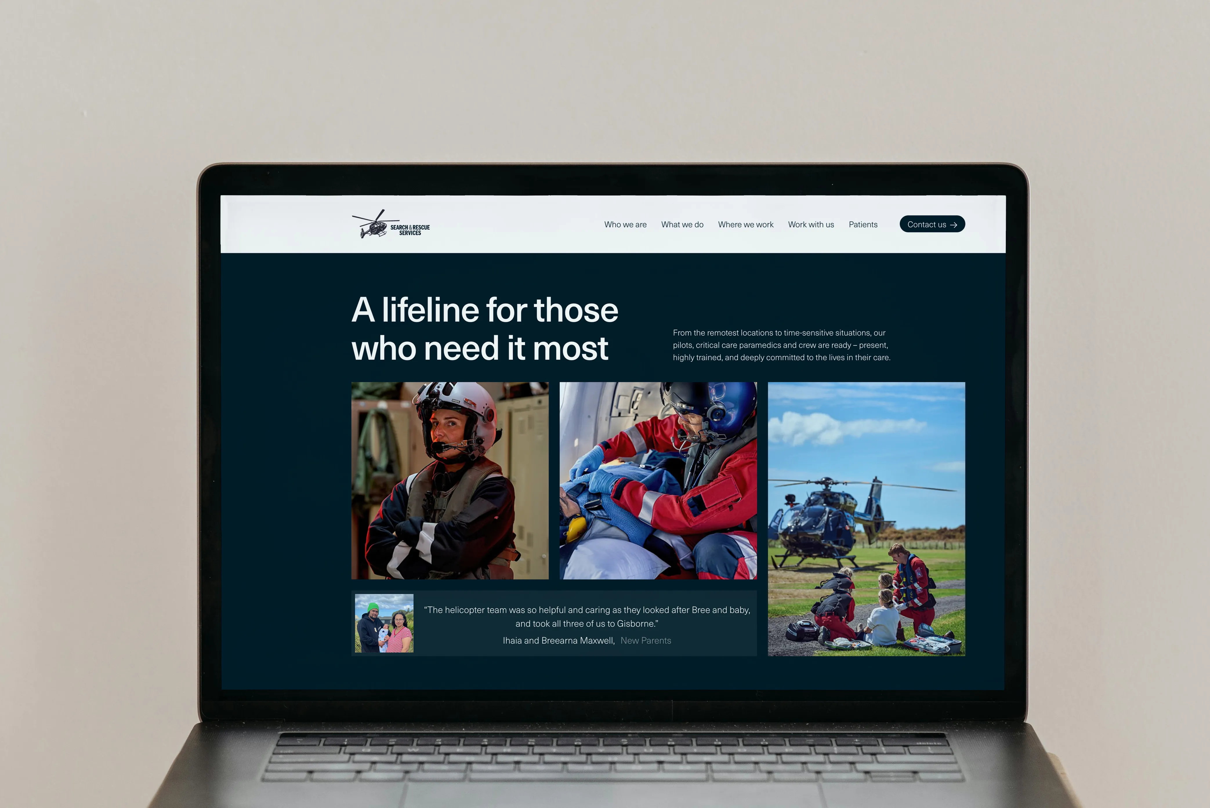 Image of a laptop showcasing Search and Rescue homepage.