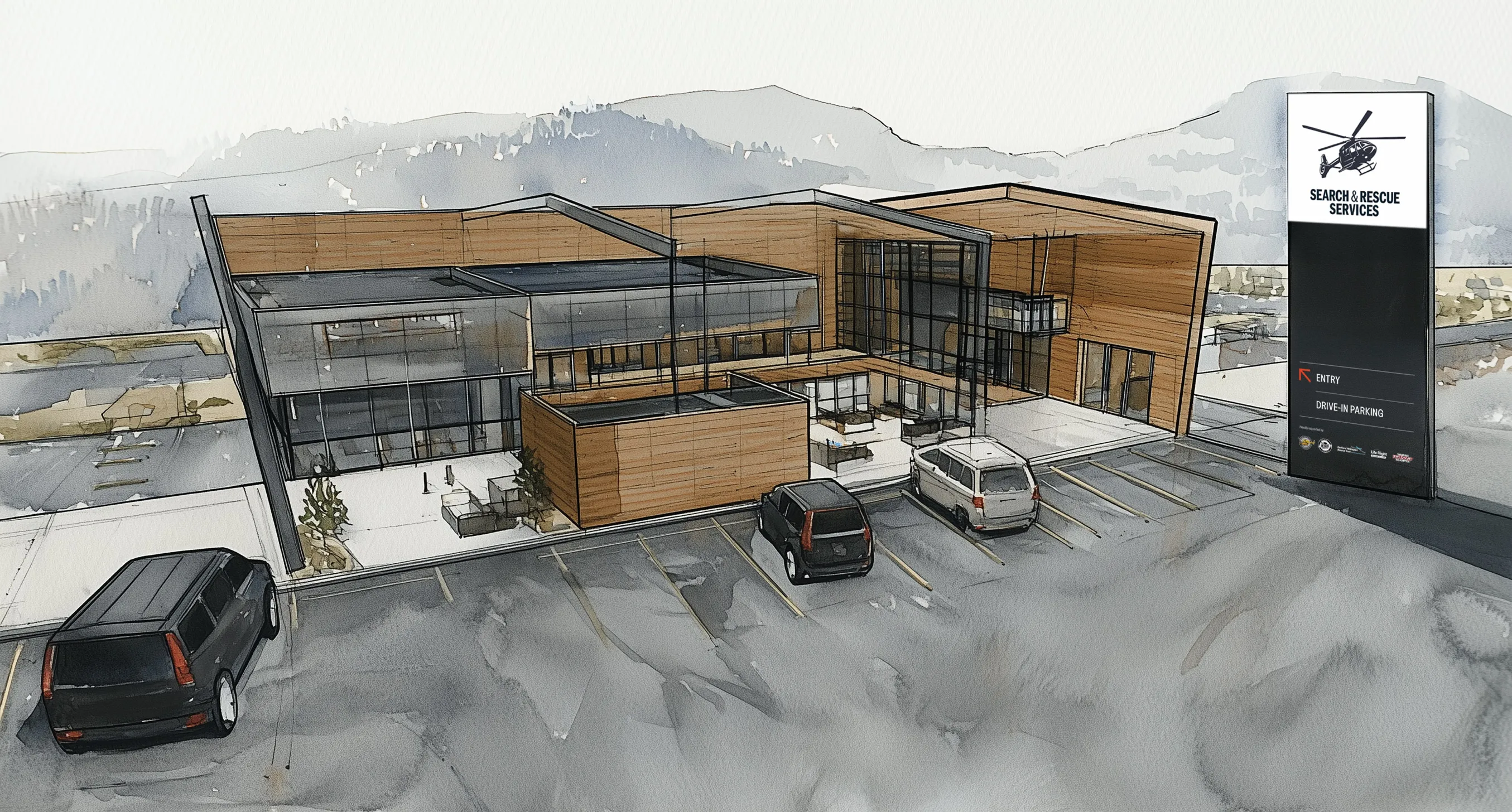 Architectural illustration of a rescue training centre with custom way finding signage