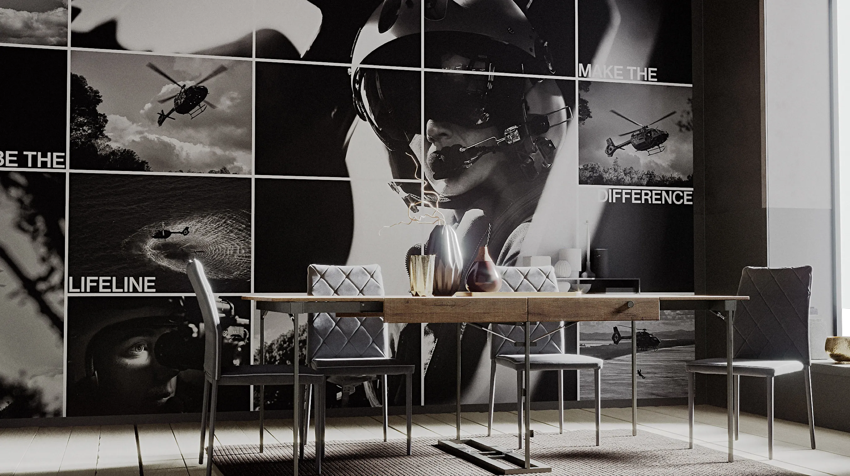 interior image of a wall in an office with a montage of rescue images