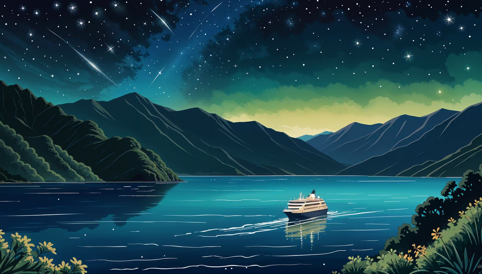 Digital art of a small ship sailing away at night.