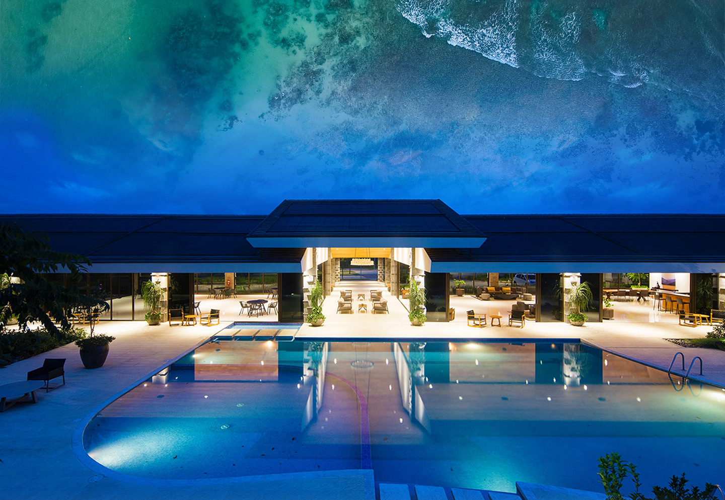 resort pool area with lobby lounge