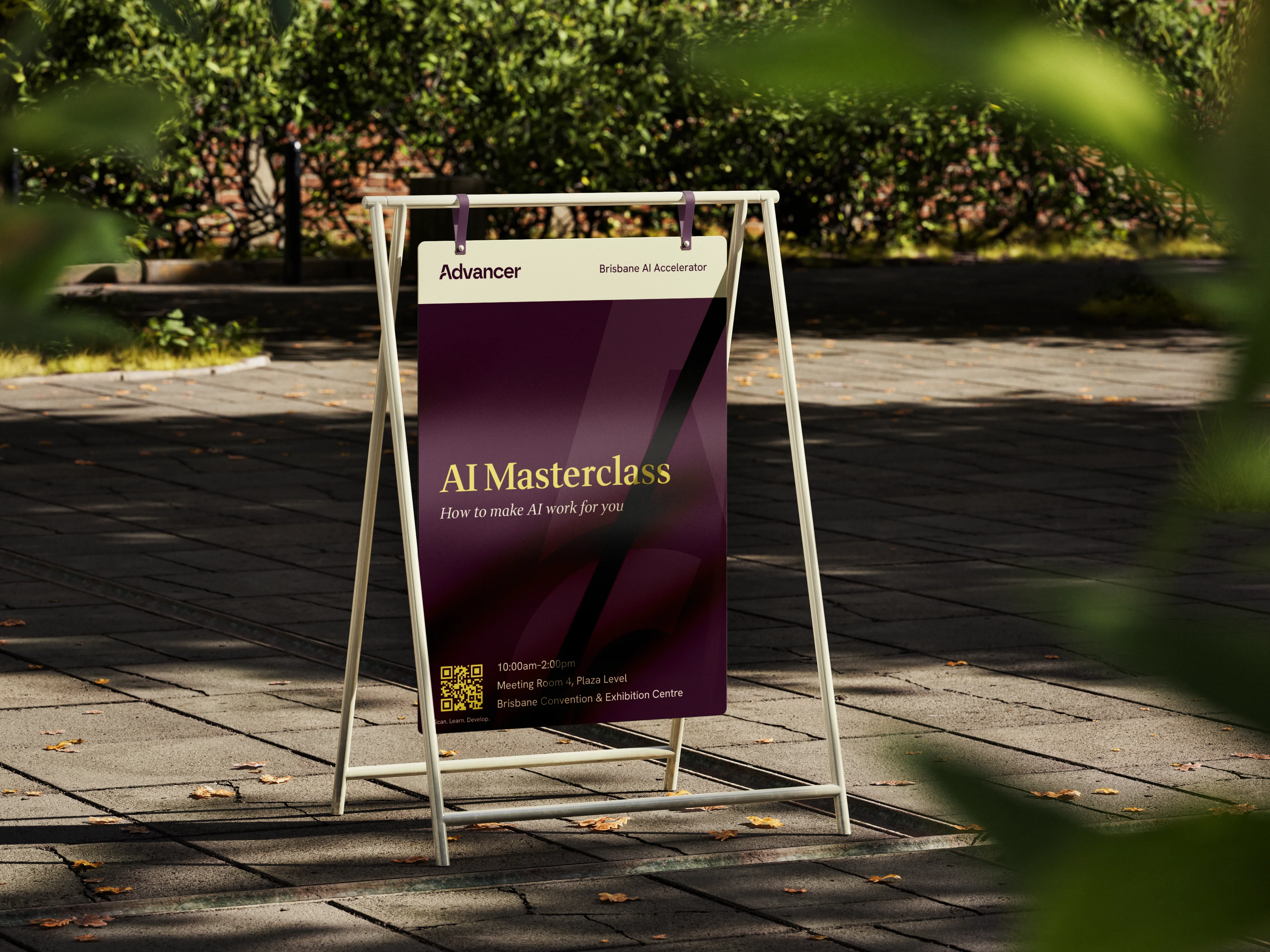 A-frame sign on pavement advertising AI Masterclass at Brisbane Convention & Exhibition Centre.