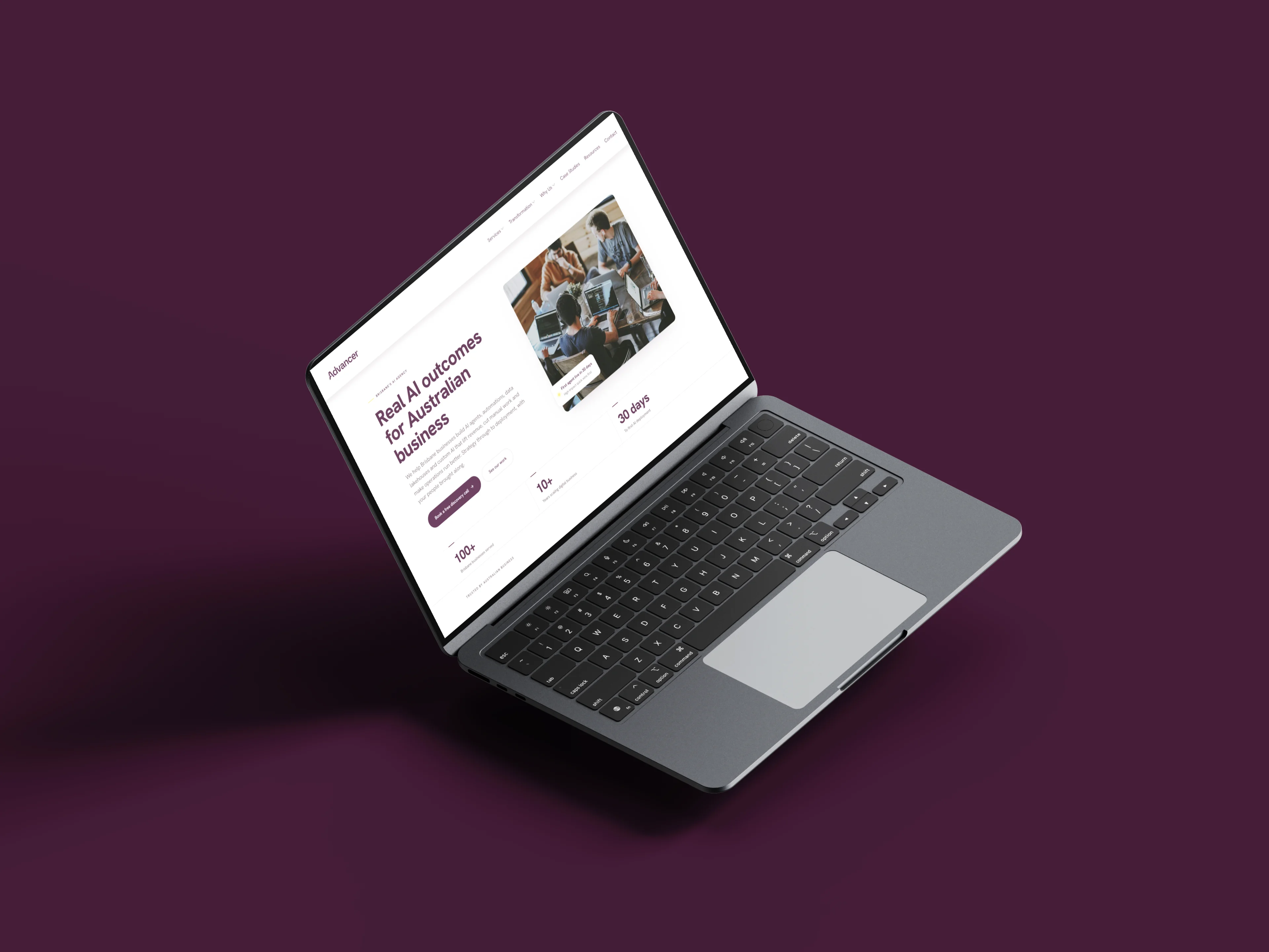 Open laptop showing a webpage about AI outcomes for Australian businesses on a purple background.