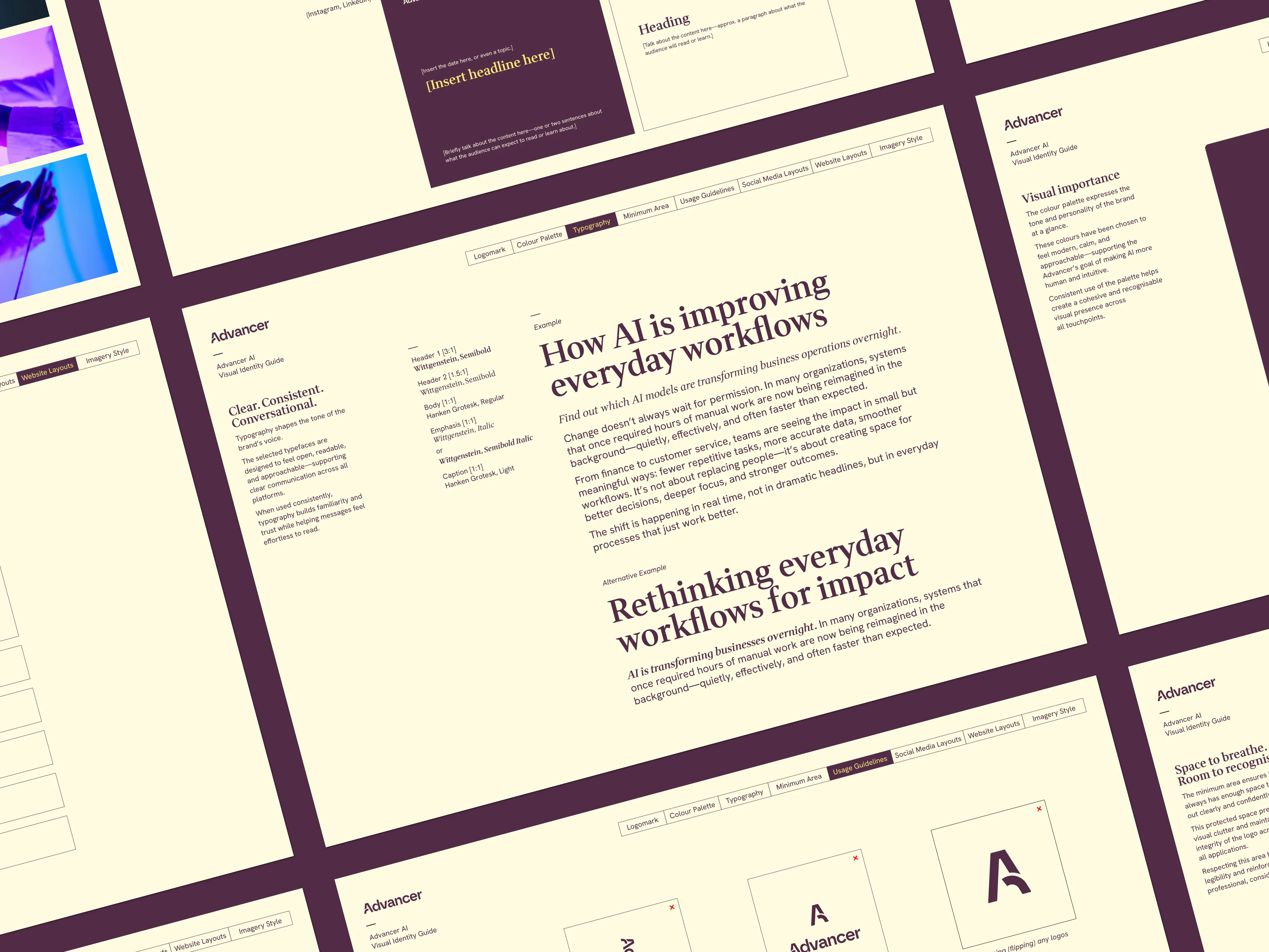 Style guide pages with typography examples and brand colors for Advancer AI on cream and purple backgrounds.