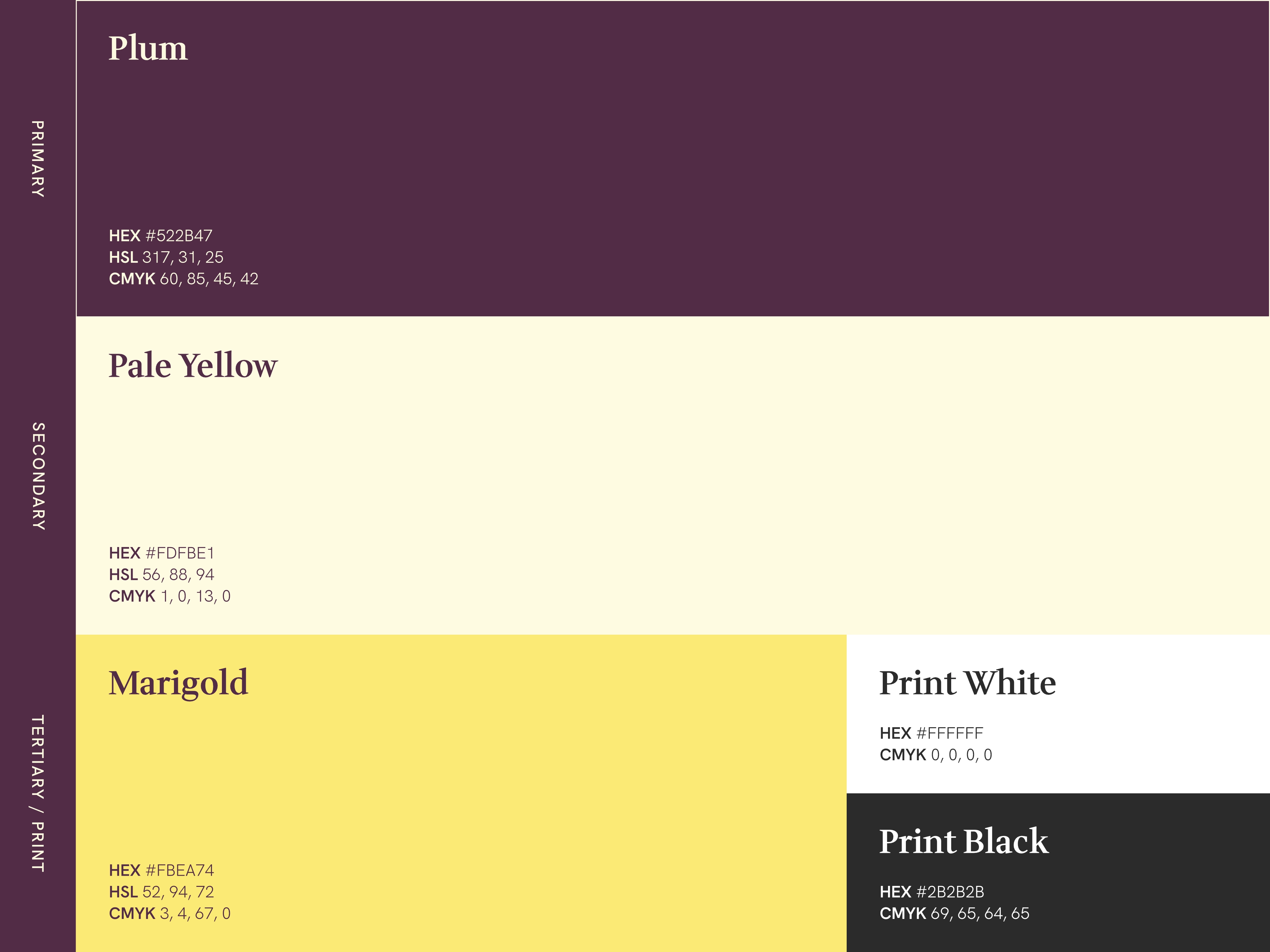 Color palette showing Plum, Pale Yellow, Marigold, Print White, and Print Black with HEX and CMYK codes.