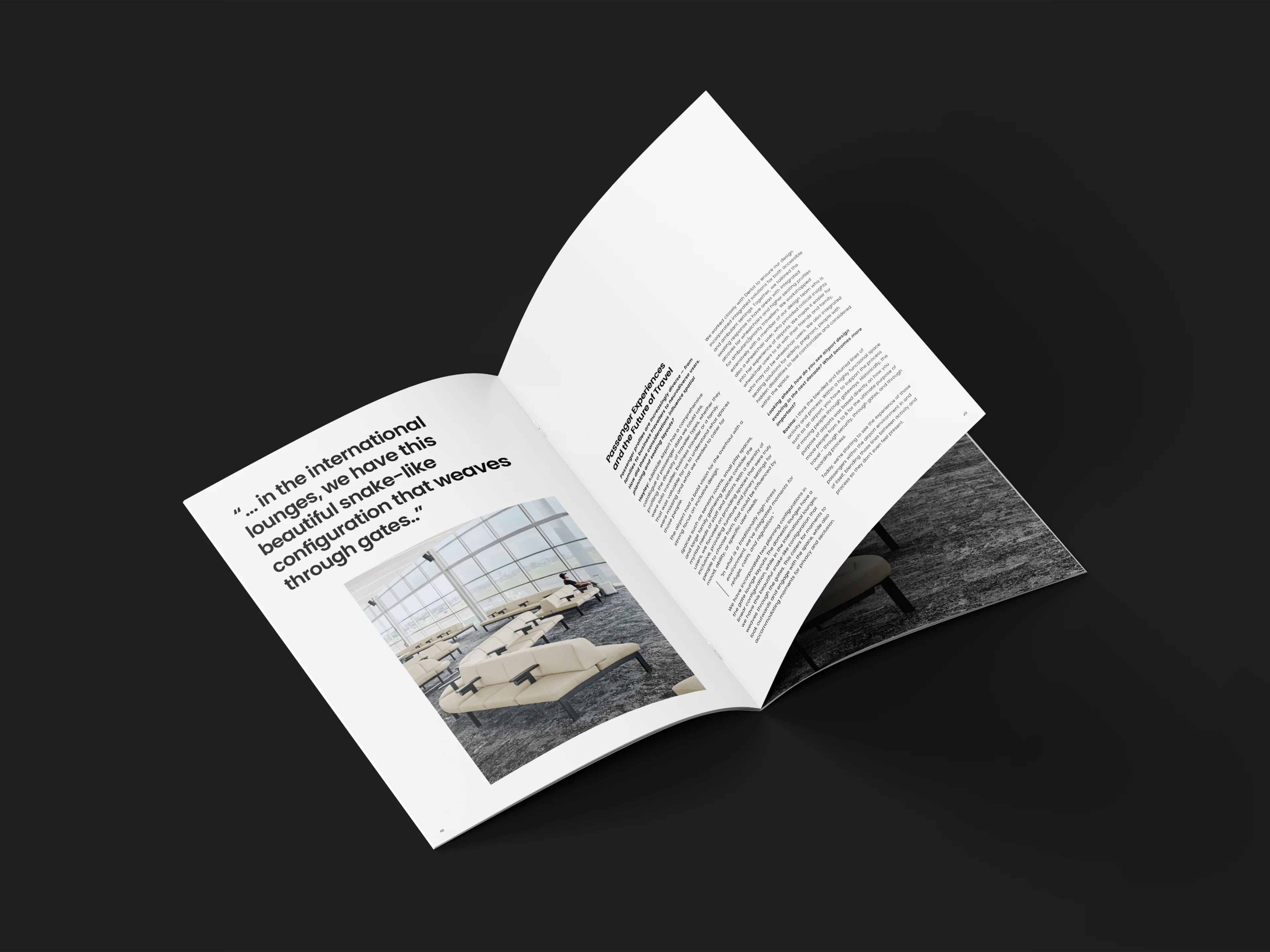 Open magazine showing airport lounge seating with a snake-like arrangement and text about passenger experiences.