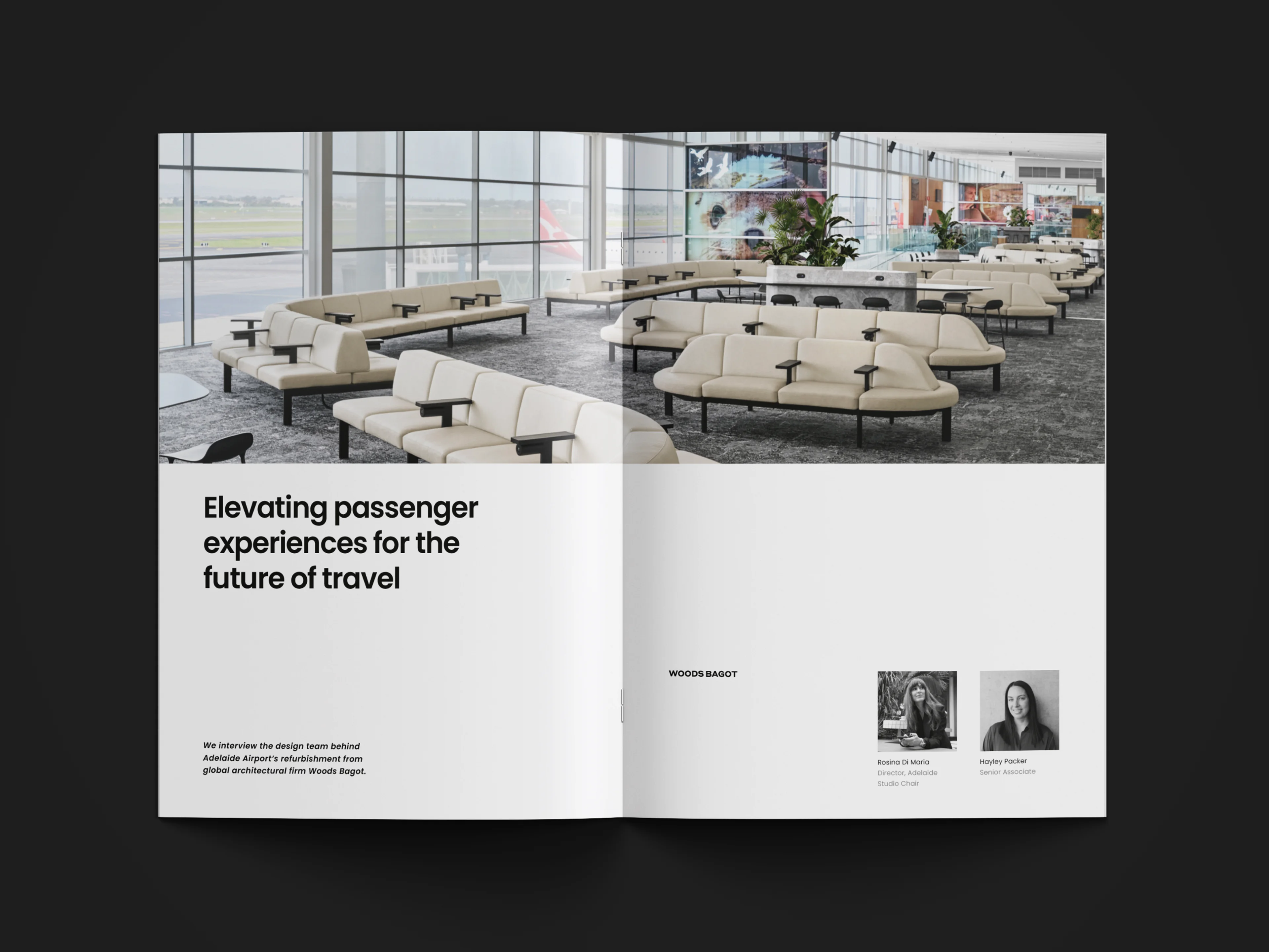 Airport lounge seating with beige sofas and large windows overlooking runway and aircraft tails.