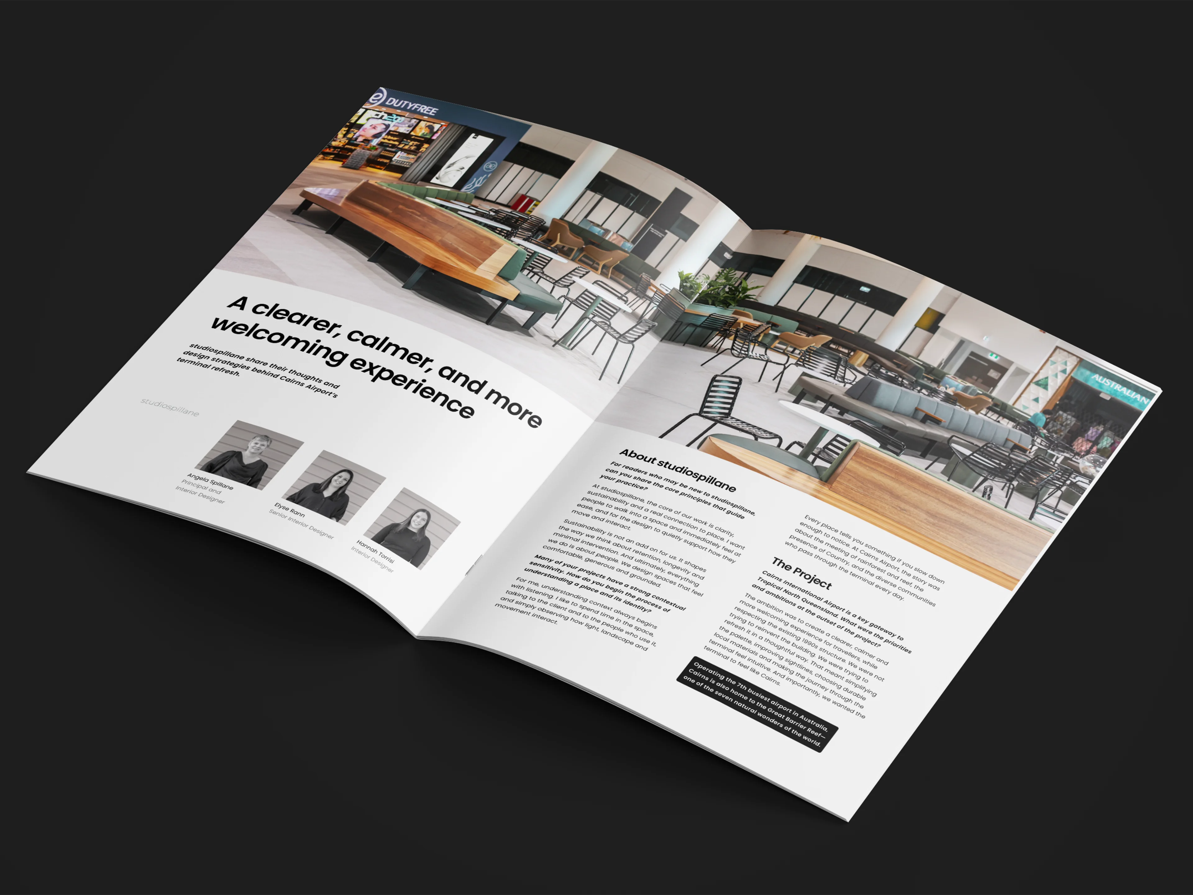 Open magazine spread showing airport lounge seating and article about creating a welcoming travel experience.