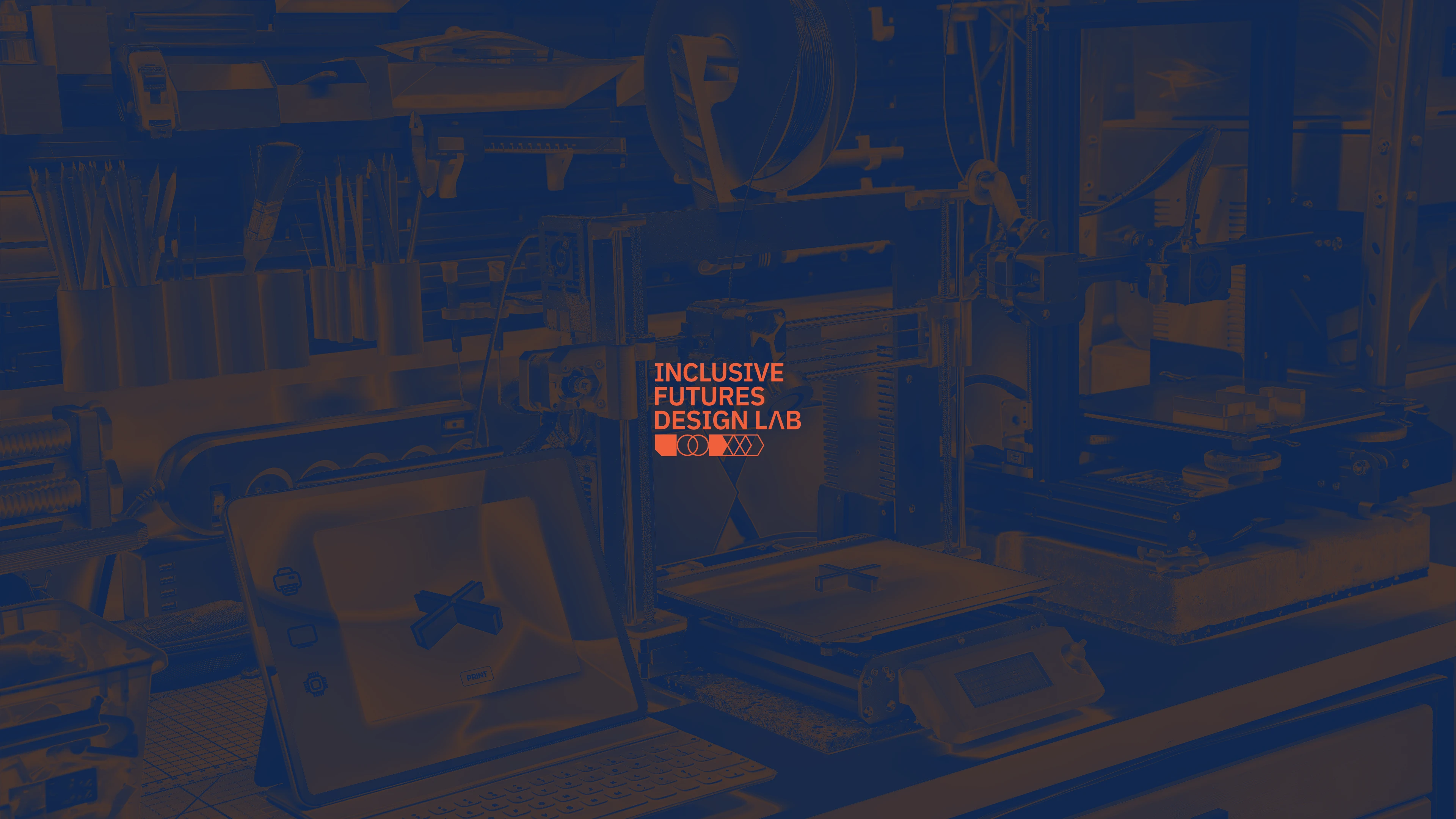 Orange text 'INCLUSIVE FUTURES DESIGN LAB' with abstract shapes on dark blue background.