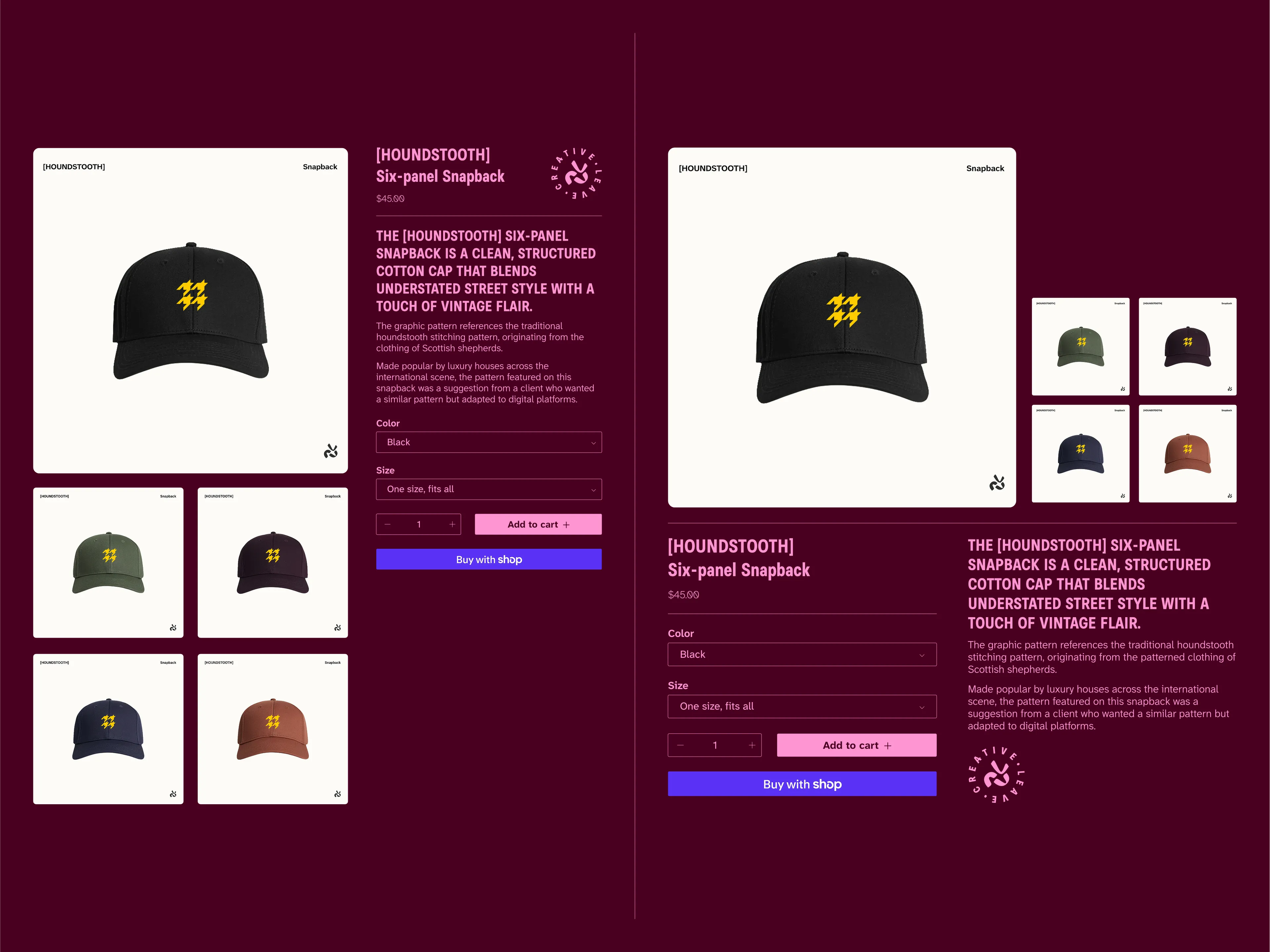 An infographic showing the shop interface prototypes of the Creative Leave identity.