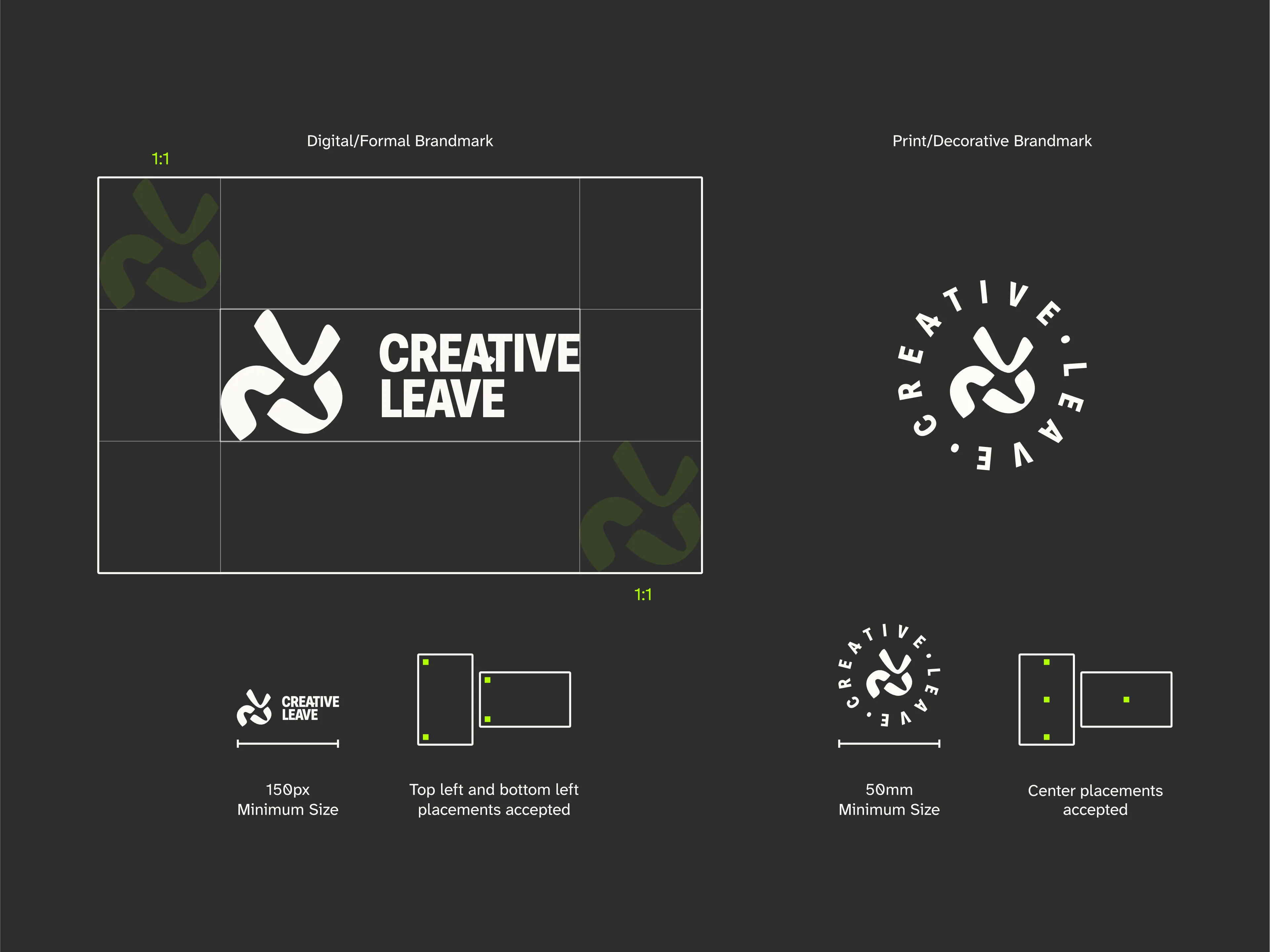 An infographic showing clearance areas for the Creative Leave logomark.