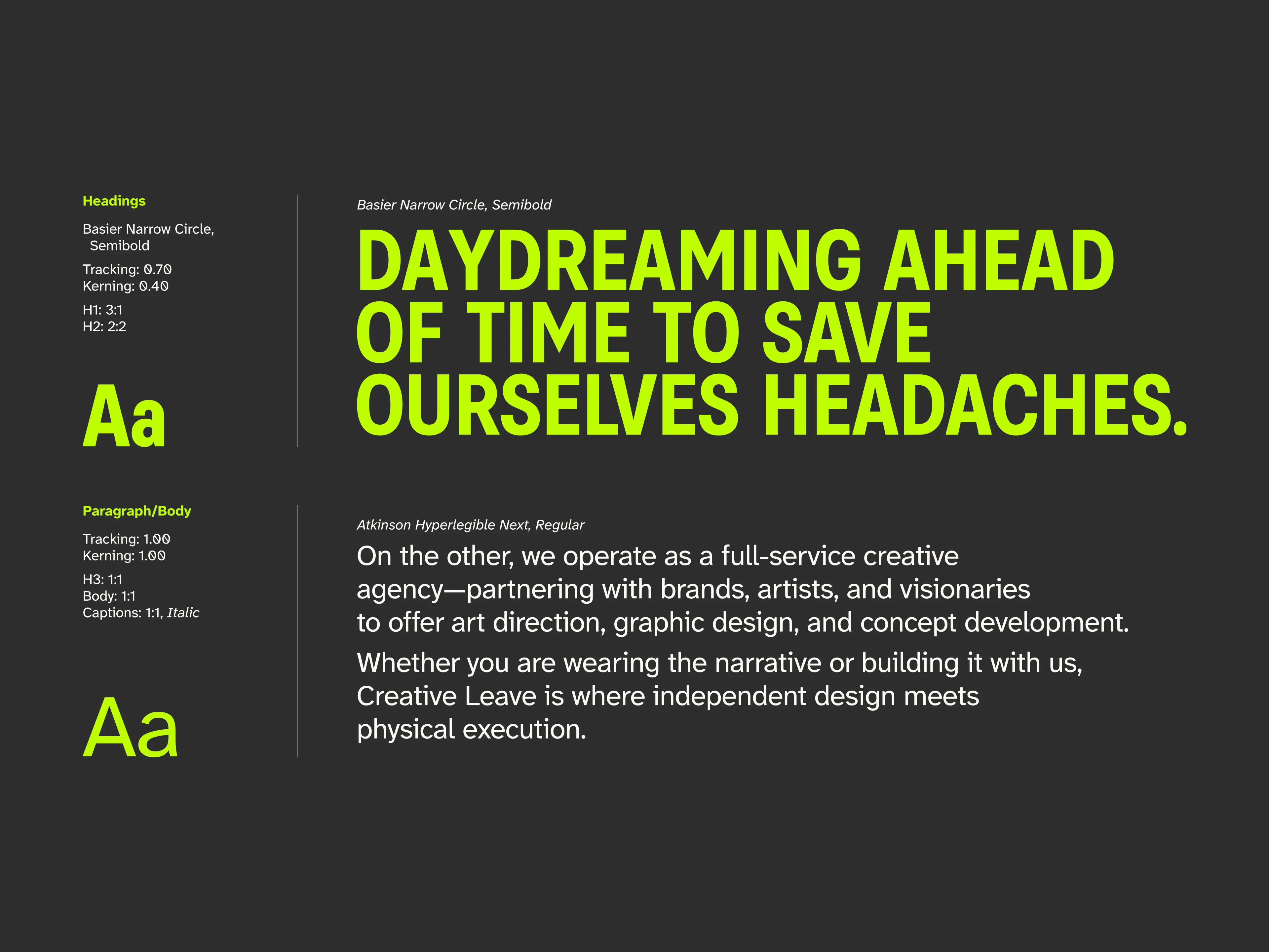 An infographic showing the typographic elements of the Creative Leave identity.