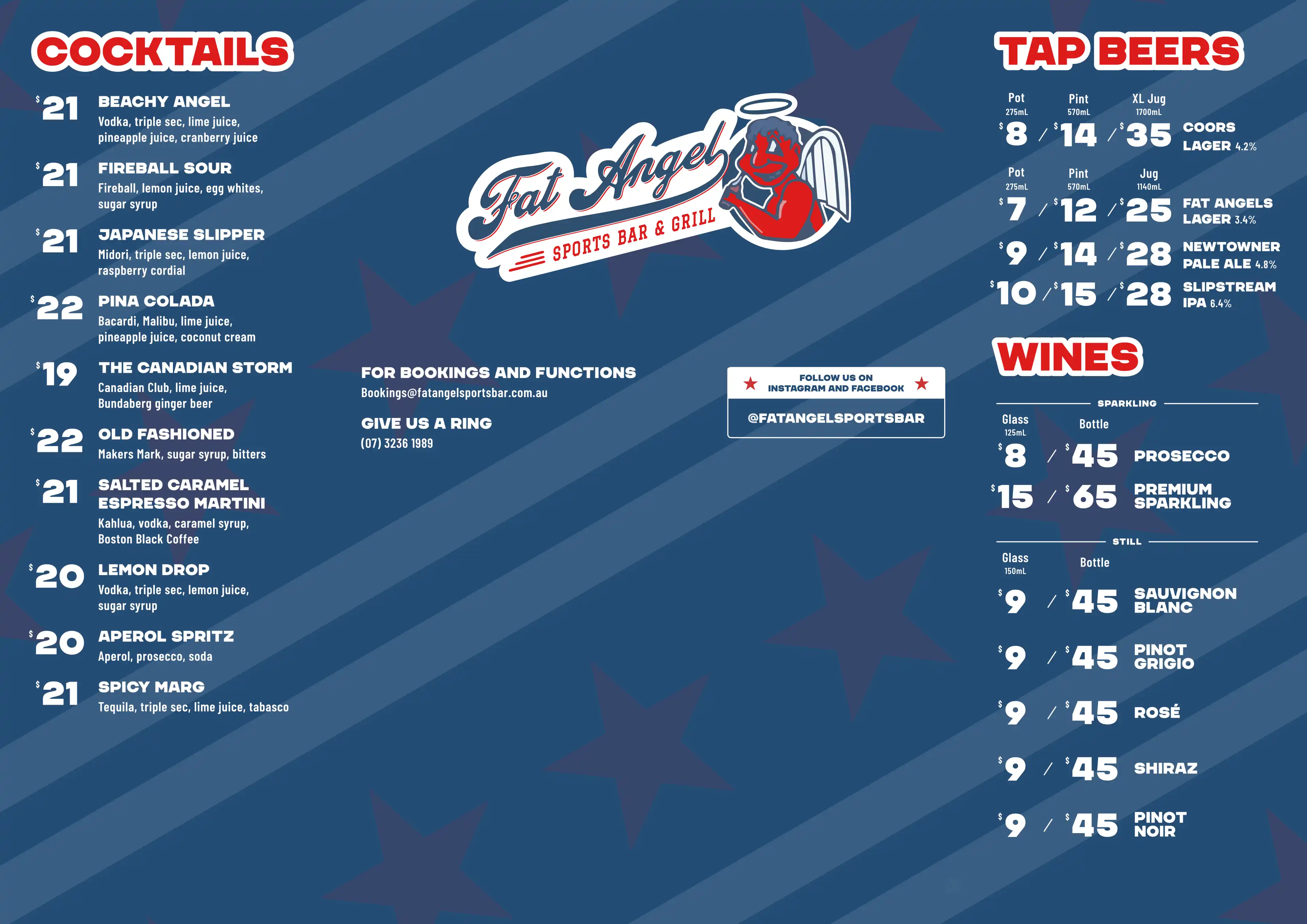 An extract of the exterior of the Fat Angel Sports Bar and Grill menu.