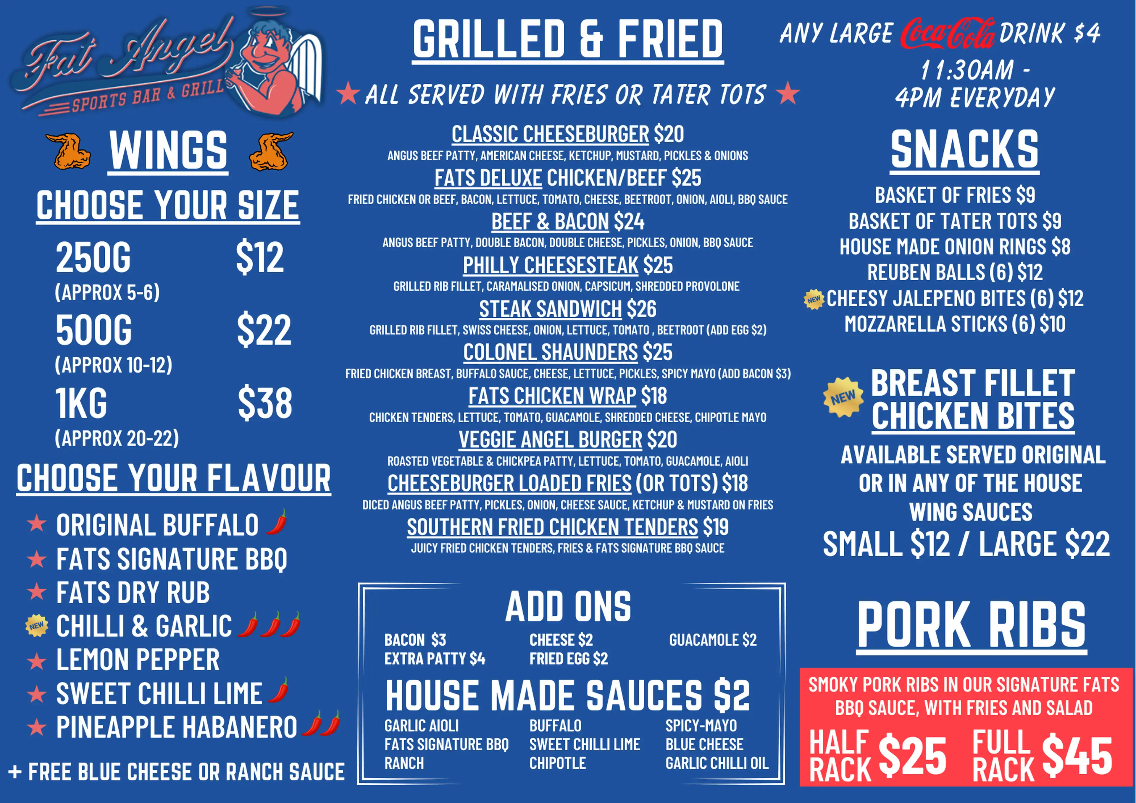 An extract of the old menu of Fat Angel Sports Bar and Grill.