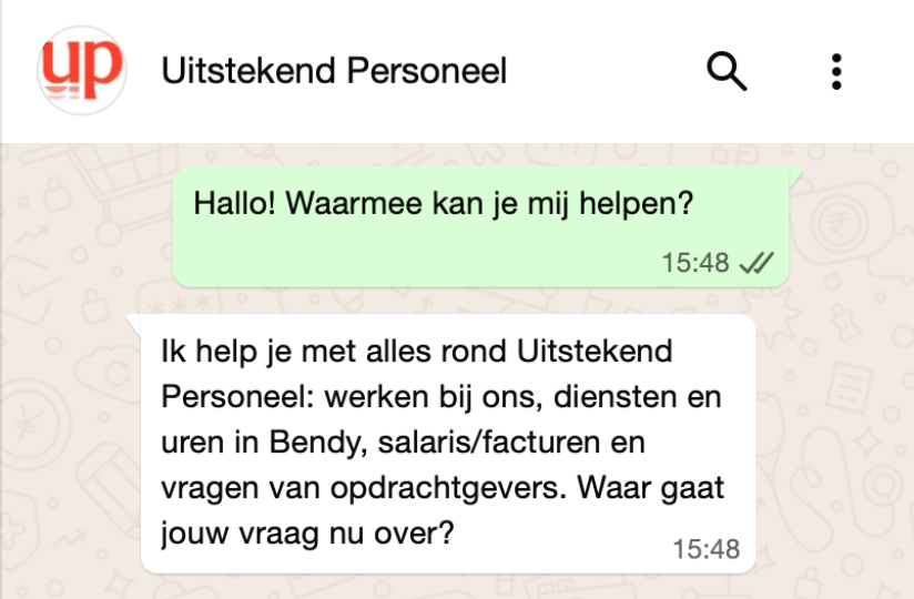 AI-chatbot van Uitstekend Personeel, beschikbaar op de website en via WhatsApp