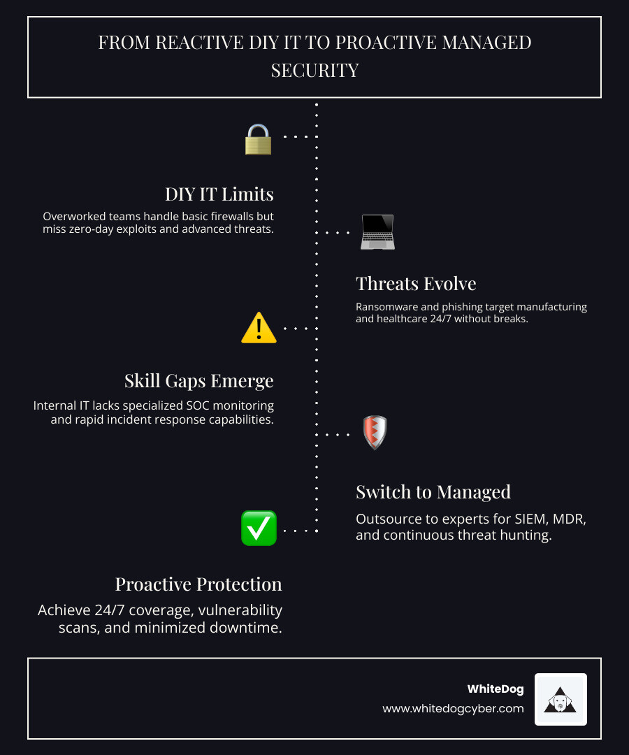Infographic showing transition from reactive DIY IT security to proactive managed security services in Cincinnati