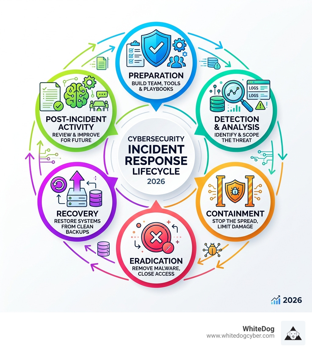 2026 Incident Response Lifecycle phases: Preparation, Detection, Containment, Eradication, Recovery, Post-Incident 2026 Incident Response Lifecycle phases: Preparation, Detection, Containment, Eradication, Recovery, Post-Incident