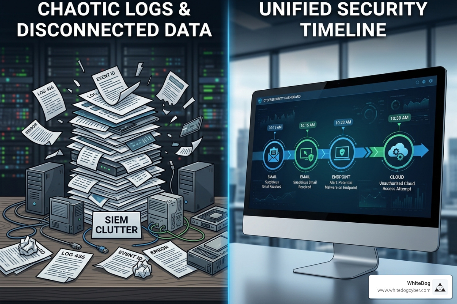 A unified security timeline showing correlated events from email, endpoint, and cloud vs. a pile of fragmented logs - 24x7 A unified security timeline showing correlated events from email, endpoint, and cloud vs. a pile of fragmented logs - 24x7