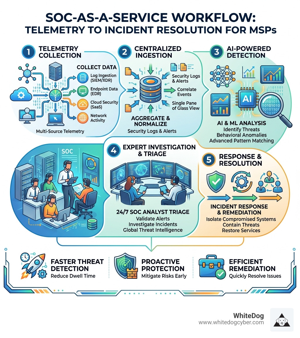 SOC-as-a-Service workflow infographic from telemetry collection to incident resolution for MSPs - MSP SOC as service SOC-as-a-Service workflow infographic from telemetry collection to incident resolution for MSPs - MSP SOC as service