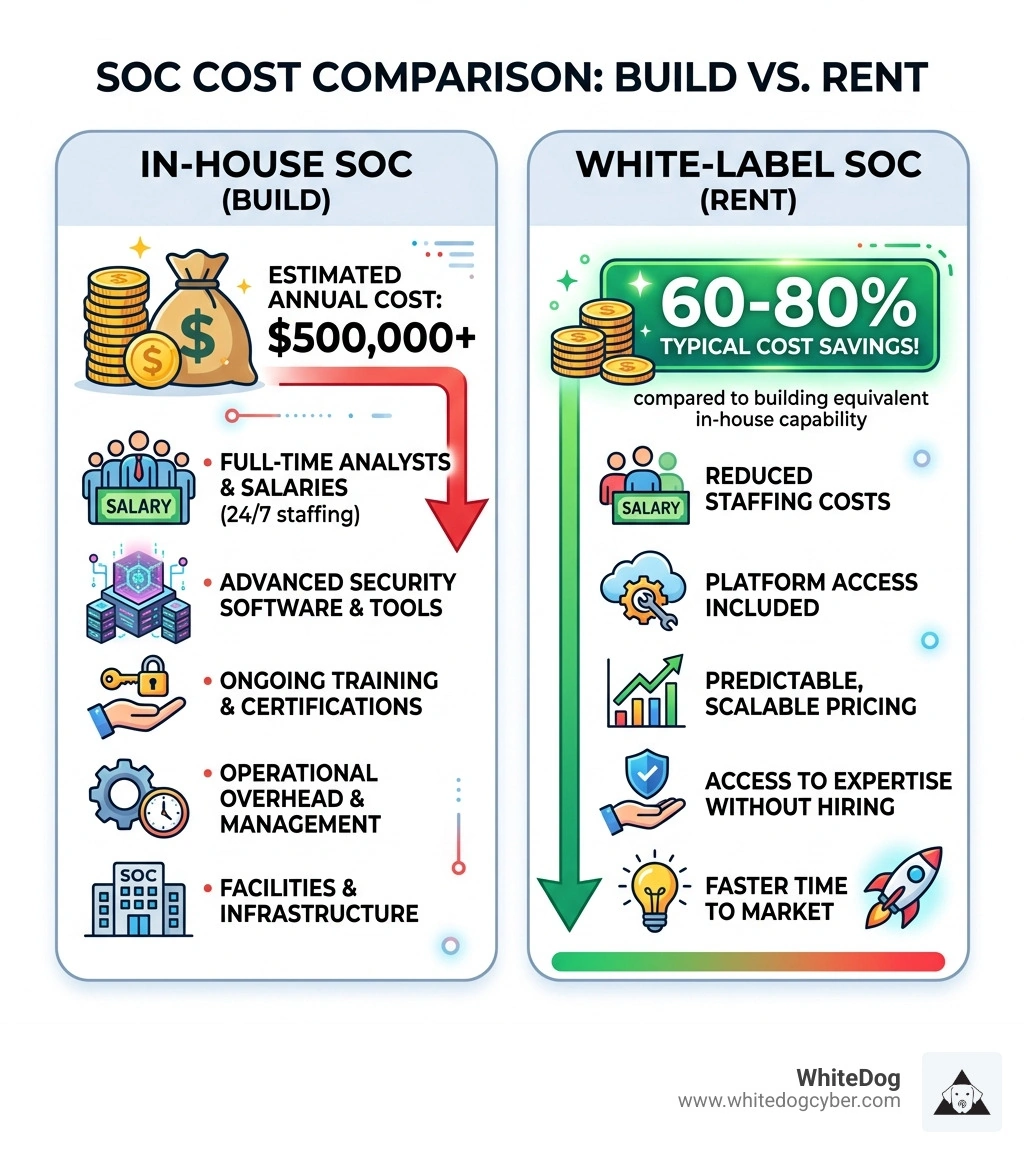 Table comparing in-house SOC costs ($500k+) vs. White-Label SOC (60-80% savings) - msp white-label security stack