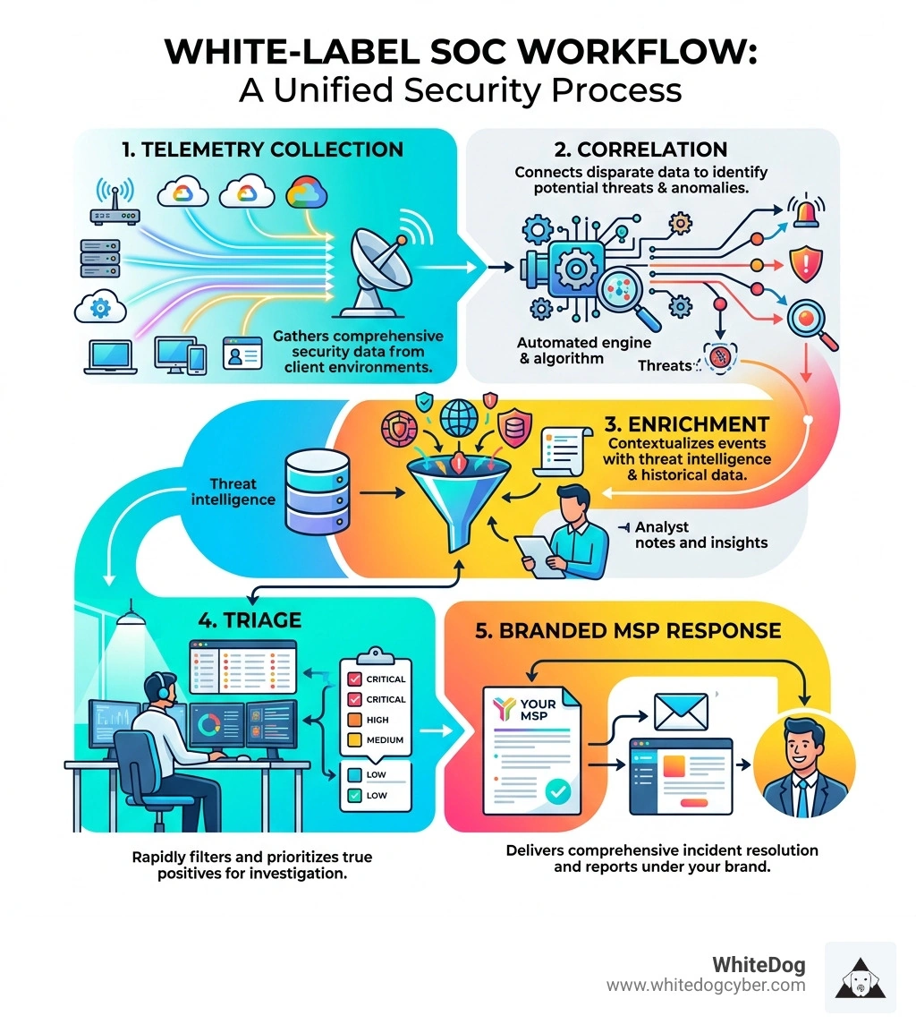 Infographic showing white-label SOC workflow: telemetry collection, correlation, enrichment, triage, and branded MSP
