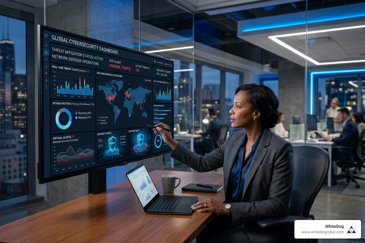 C-level executive reviewing a cybersecurity dashboard with threat metrics - soc onboarding guarantee C-level executive reviewing a cybersecurity dashboard with threat metrics - soc onboarding guarantee