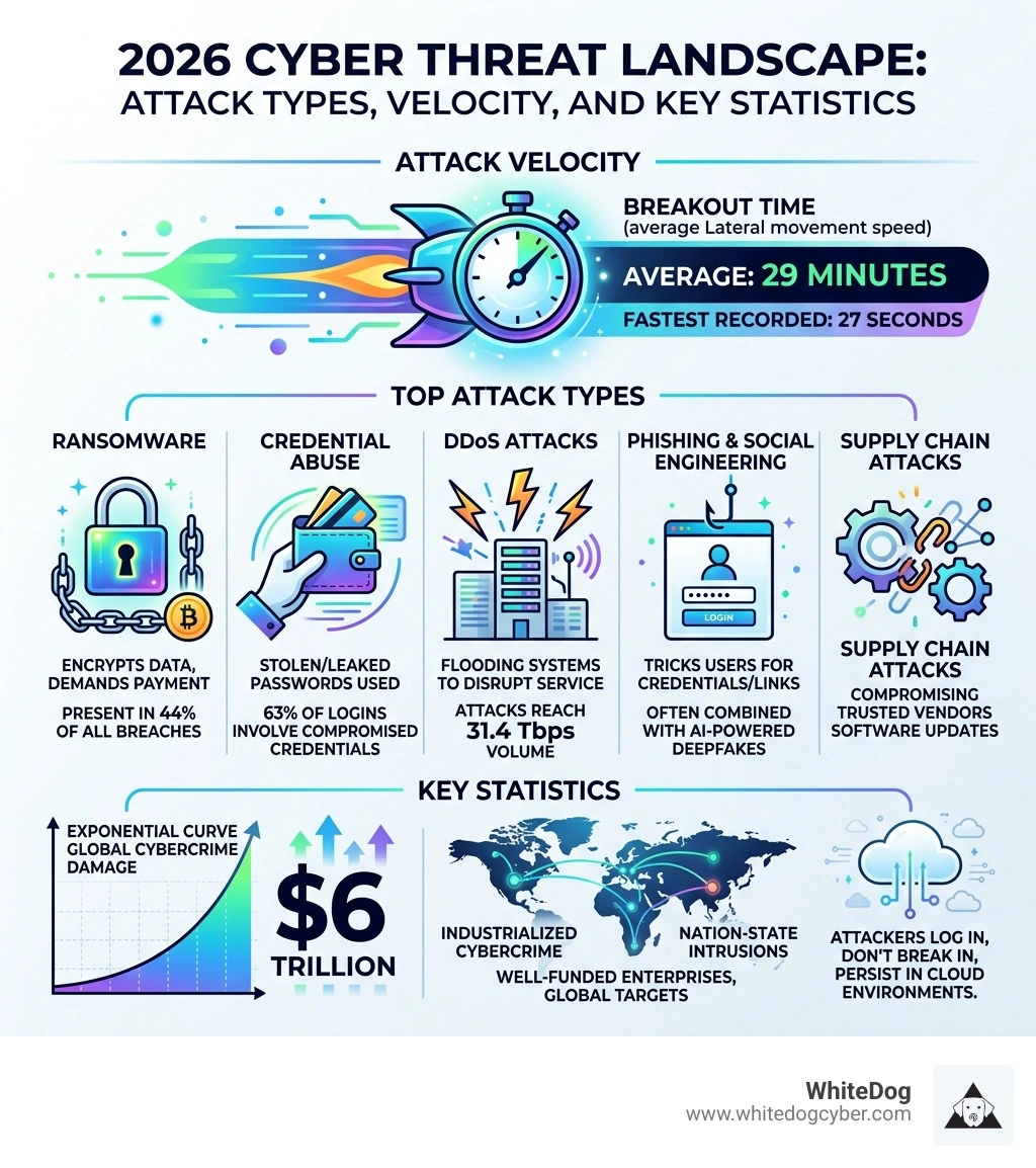 2026 cyber threat landscape showing attack types, velocity, and key statistics - internet security threats infographic 