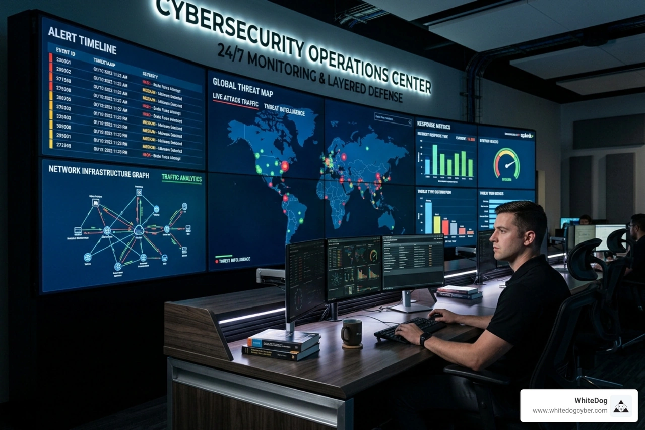 automated SOC dashboard showing real-time threat detection and response - internet security threats