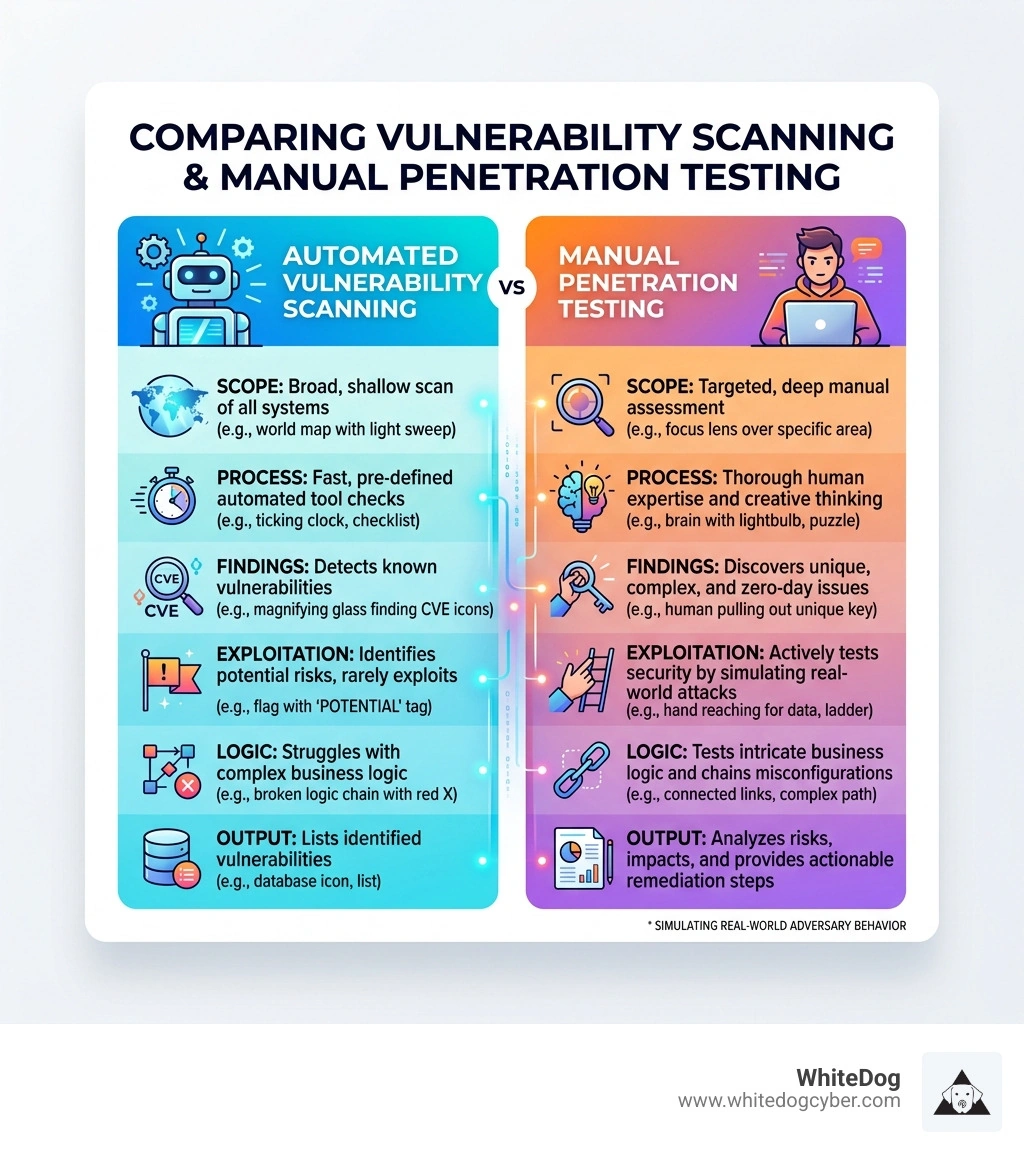 Infographic comparing automated vulnerability scanning vs. manual penetration testing key differences - penetration testing Infographic comparing automated vulnerability scanning vs. manual penetration testing key differences - penetration testing