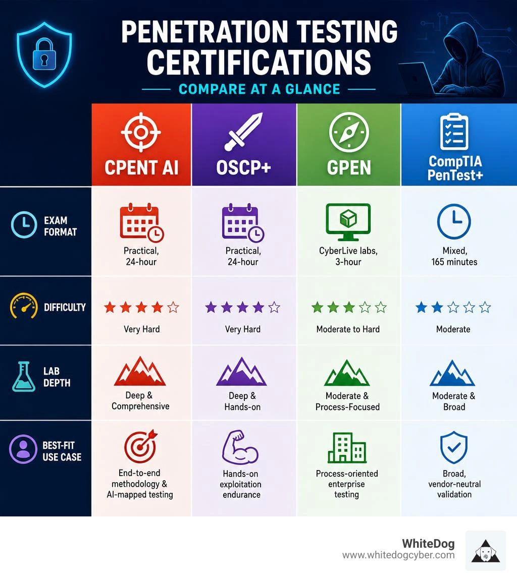 Infographic comparing CPENT AI, OSCP+, GPEN, and CompTIA PenTest+ certifications by exam format, difficulty, lab depth, and Infographic comparing CPENT AI, OSCP+, GPEN, and CompTIA PenTest+ certifications by exam format, difficulty, lab depth, and