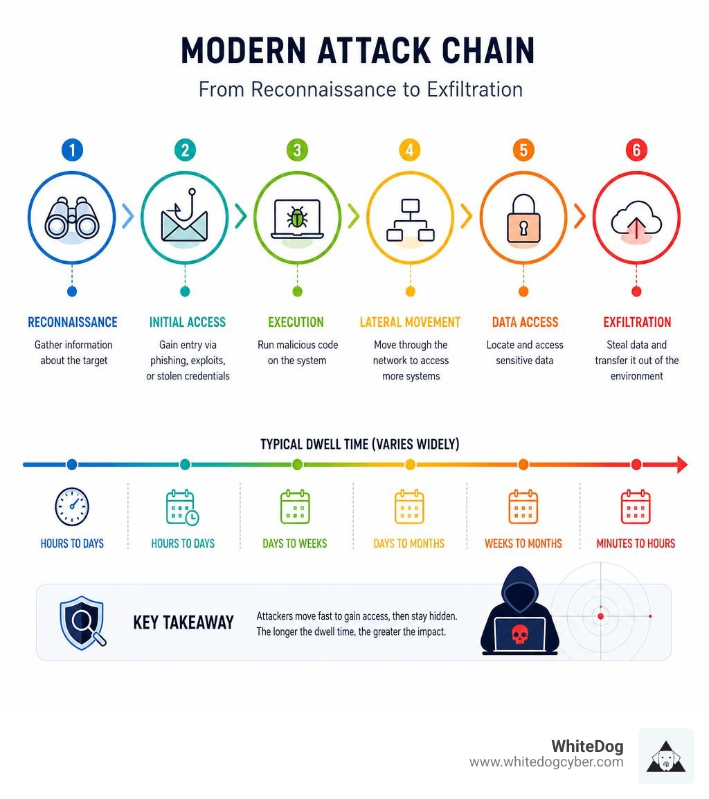 Modern attack chain stages and dwell time infographic: reconnaissance to exfiltration infographic
