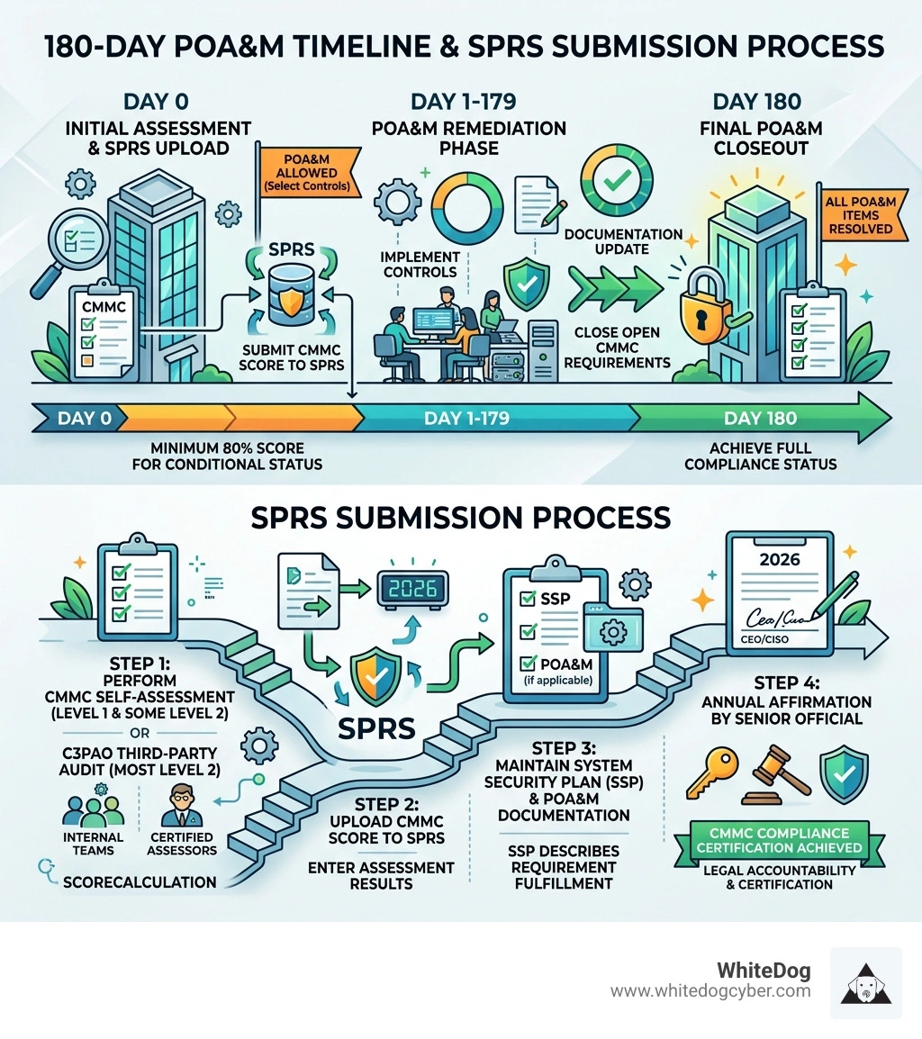 Infographic showing 180-day POA&M timeline and SPRS submission process - cmmc compliance certification infographic 