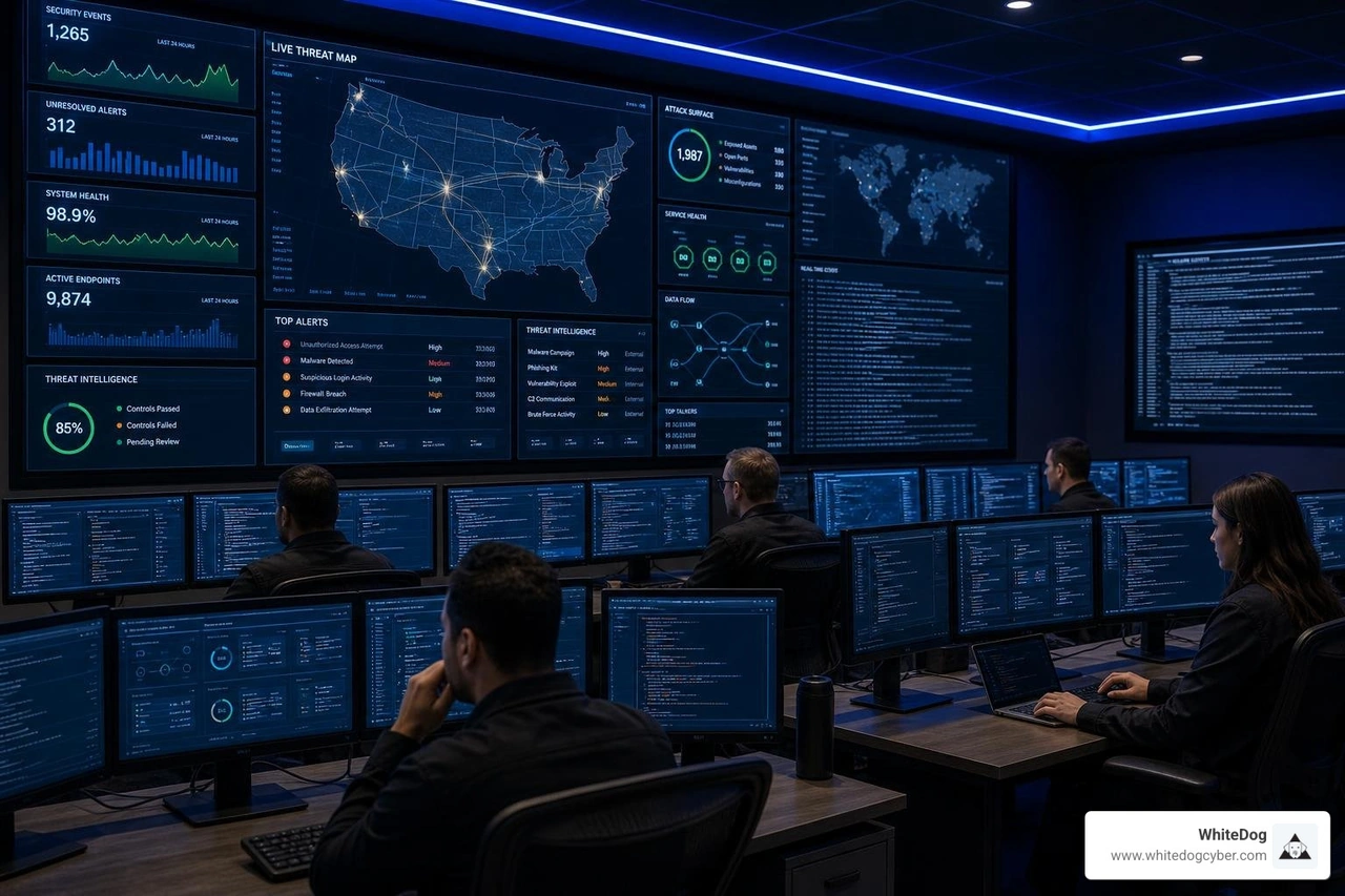 A secure, modern security operations center representing continuous monitoring and active compliance