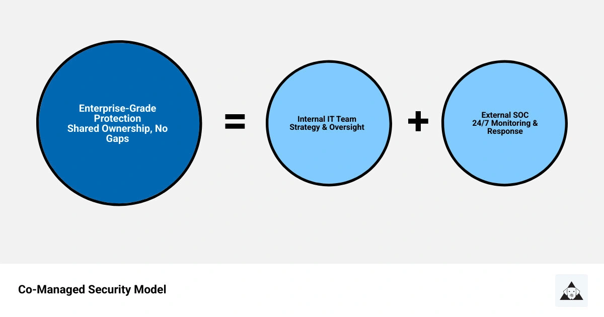 Infographic showing co-managed security model: internal IT retains strategy, MSP provides 24x7 SOC, threat detection, and Infographic showing co-managed security model: internal IT retains strategy, MSP provides 24x7 SOC, threat detection, and