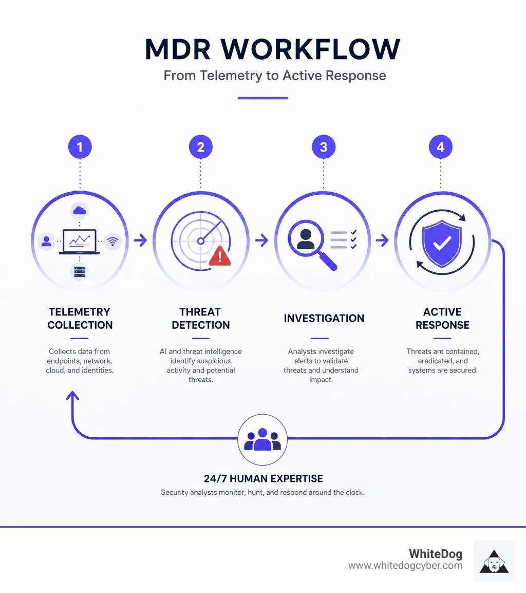 MDR workflow infographic showing telemetry collection, threat detection, investigation, and active response steps infographic MDR workflow infographic showing telemetry collection, threat detection, investigation, and active response steps infographic