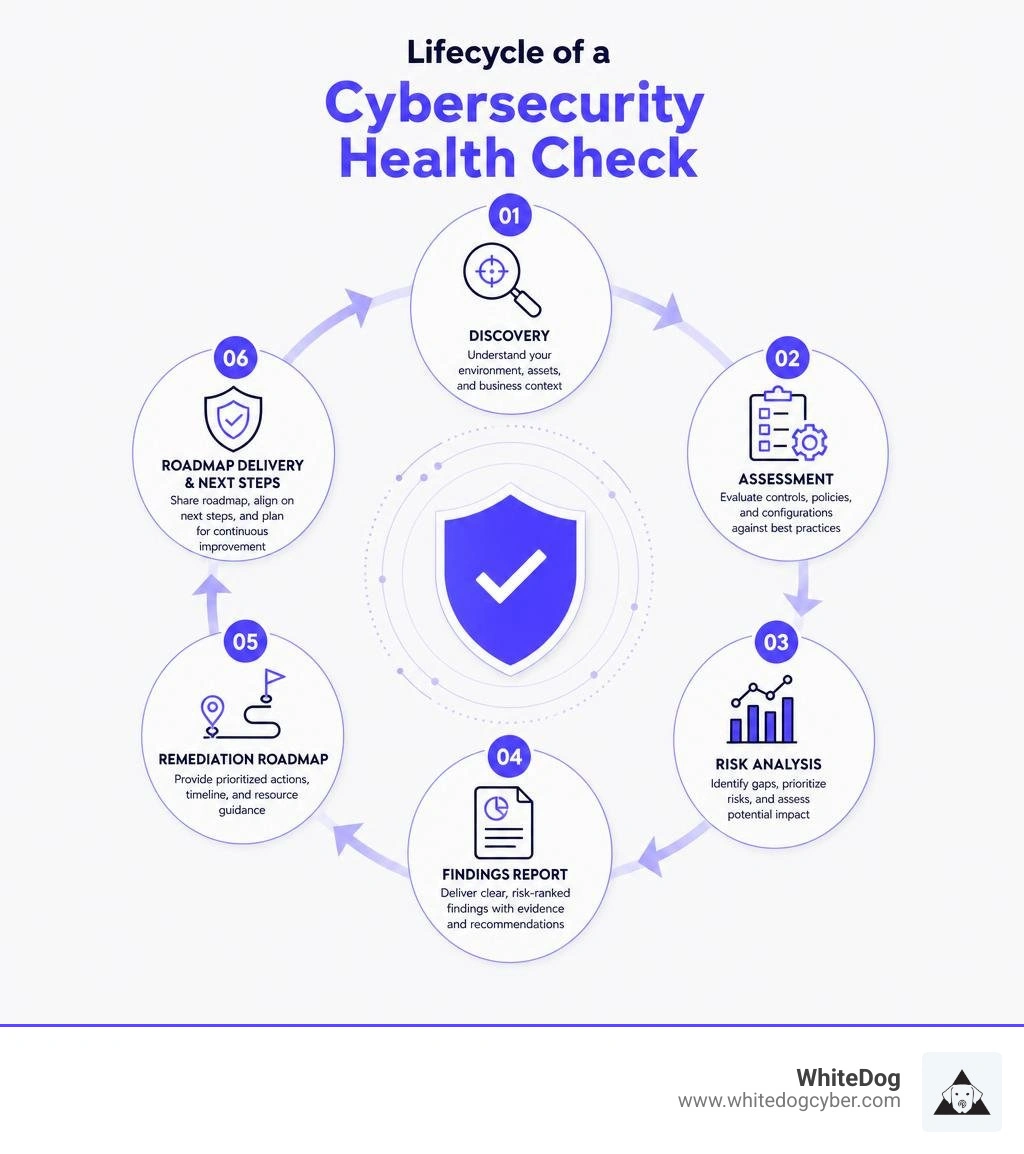 Lifecycle of a cybersecurity health check from discovery through remediation roadmap delivery infographic
